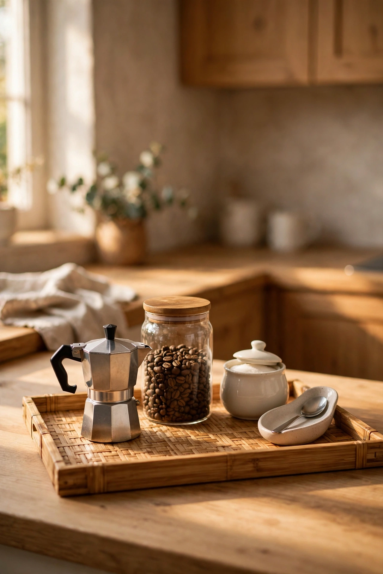 Coffee maker, glass bean jar, sugar bowl and spoon rest arranged on a wooden tray in a kitchen corner