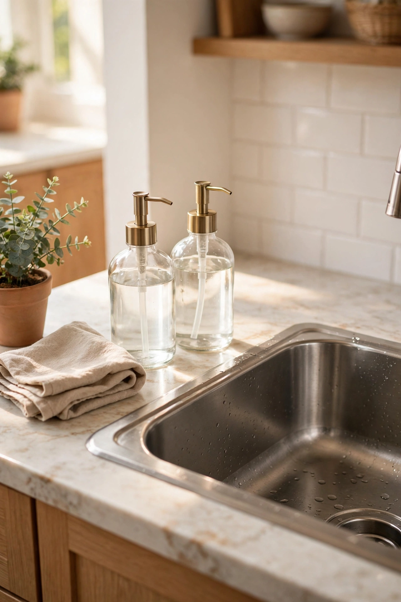 Two matching clear glass pump dispensers for washing-up liquid and hand soap beside a kitchen sink