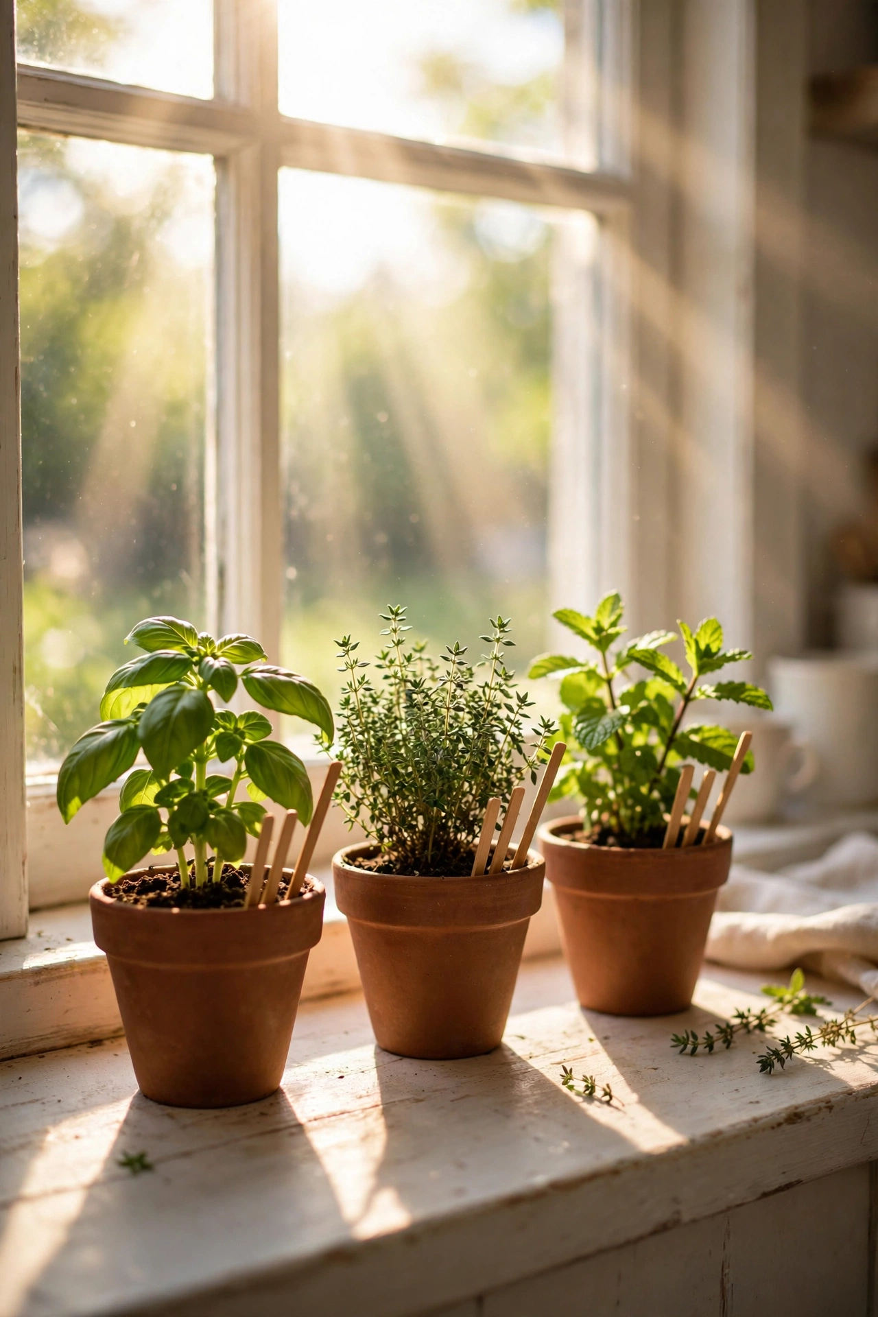 Small terracotta-look pots of basil, thyme and mint with label sticks on a bright kitchen windowsill