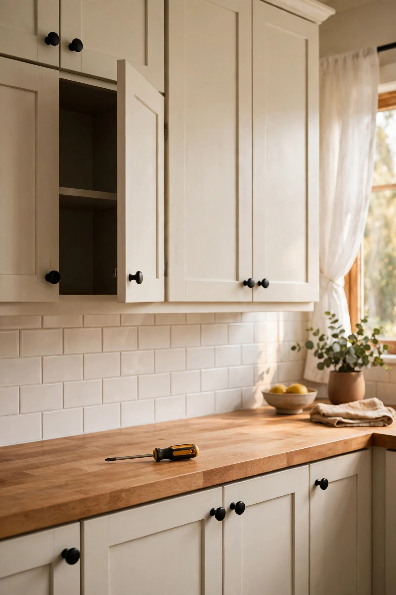 Kitchen cabinets with new matte black knobs, a hand tightening the last knob with a screwdriver