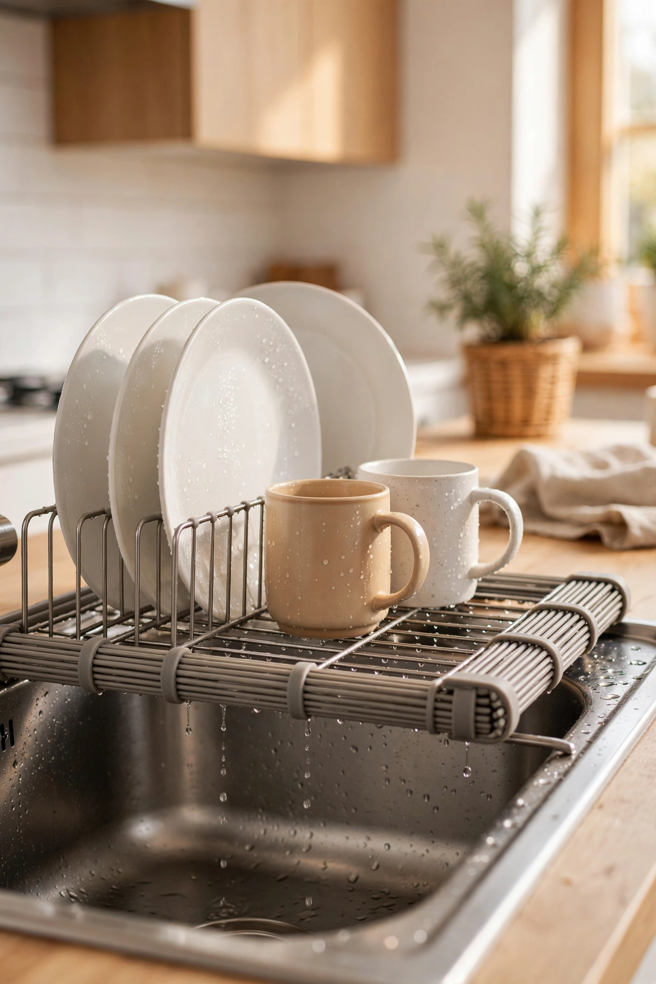 Roll-up silicone-coated dish drying rack across a kitchen sink holding plates and mugs