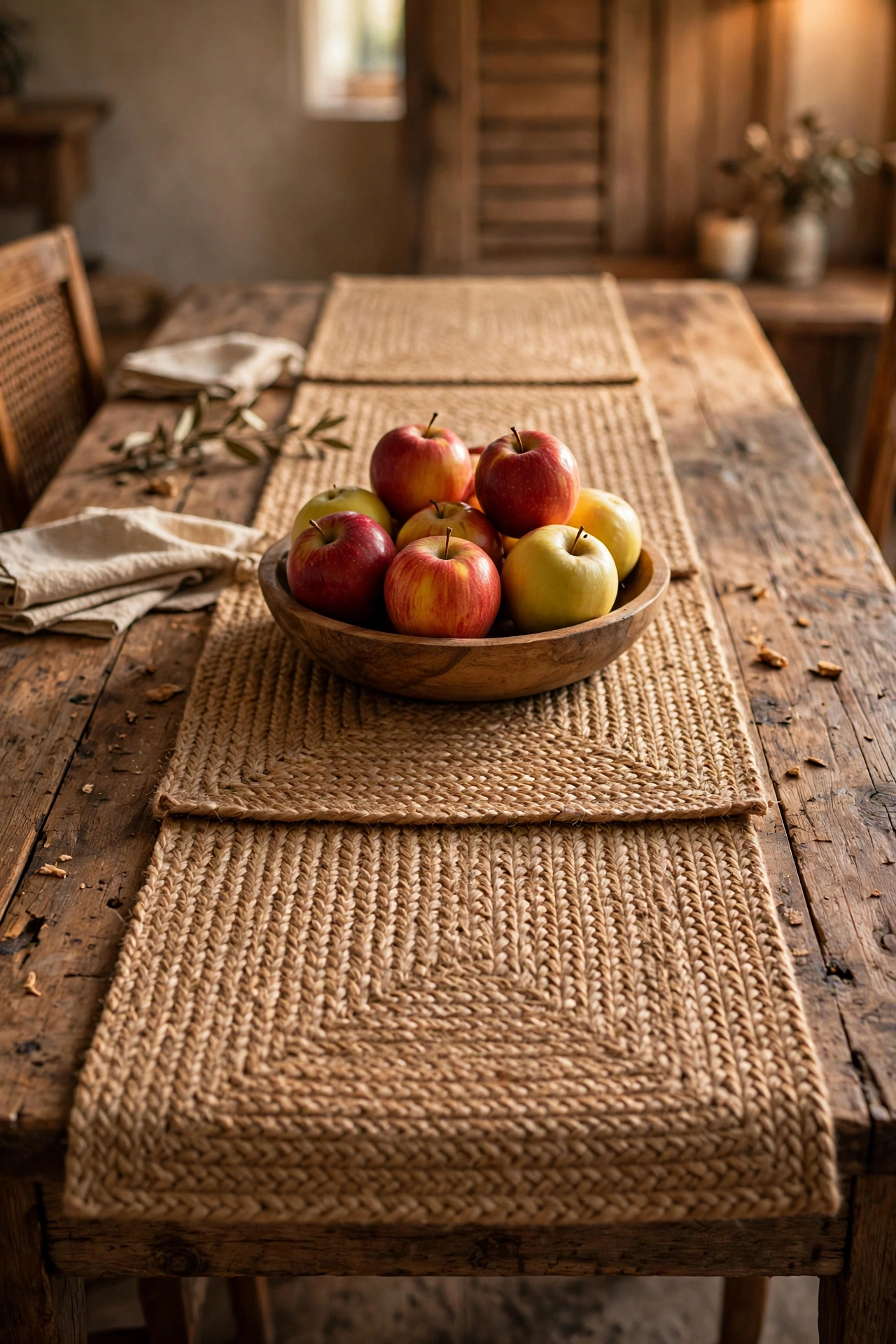 Three woven placemats overlapped as a table runner down a wooden dining table with a bowl of fruit