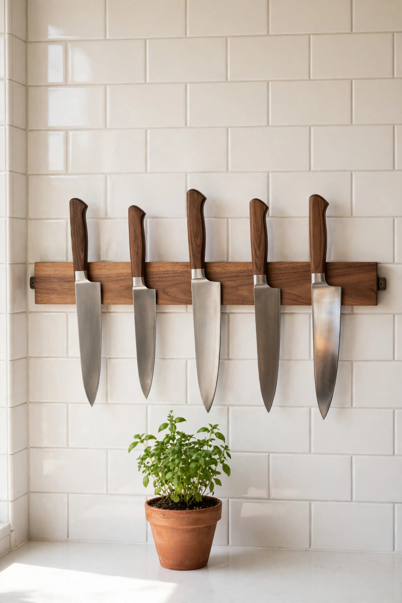 Magnetic knife strip on a tiled kitchen splashback holding evenly spaced chef knives