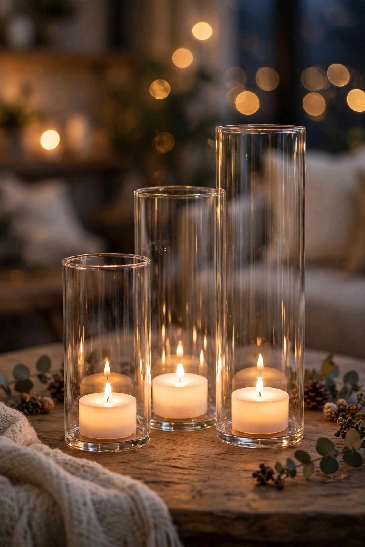 Cluster of glass cylinder candle holders with flameless tea lights on a coffee table
