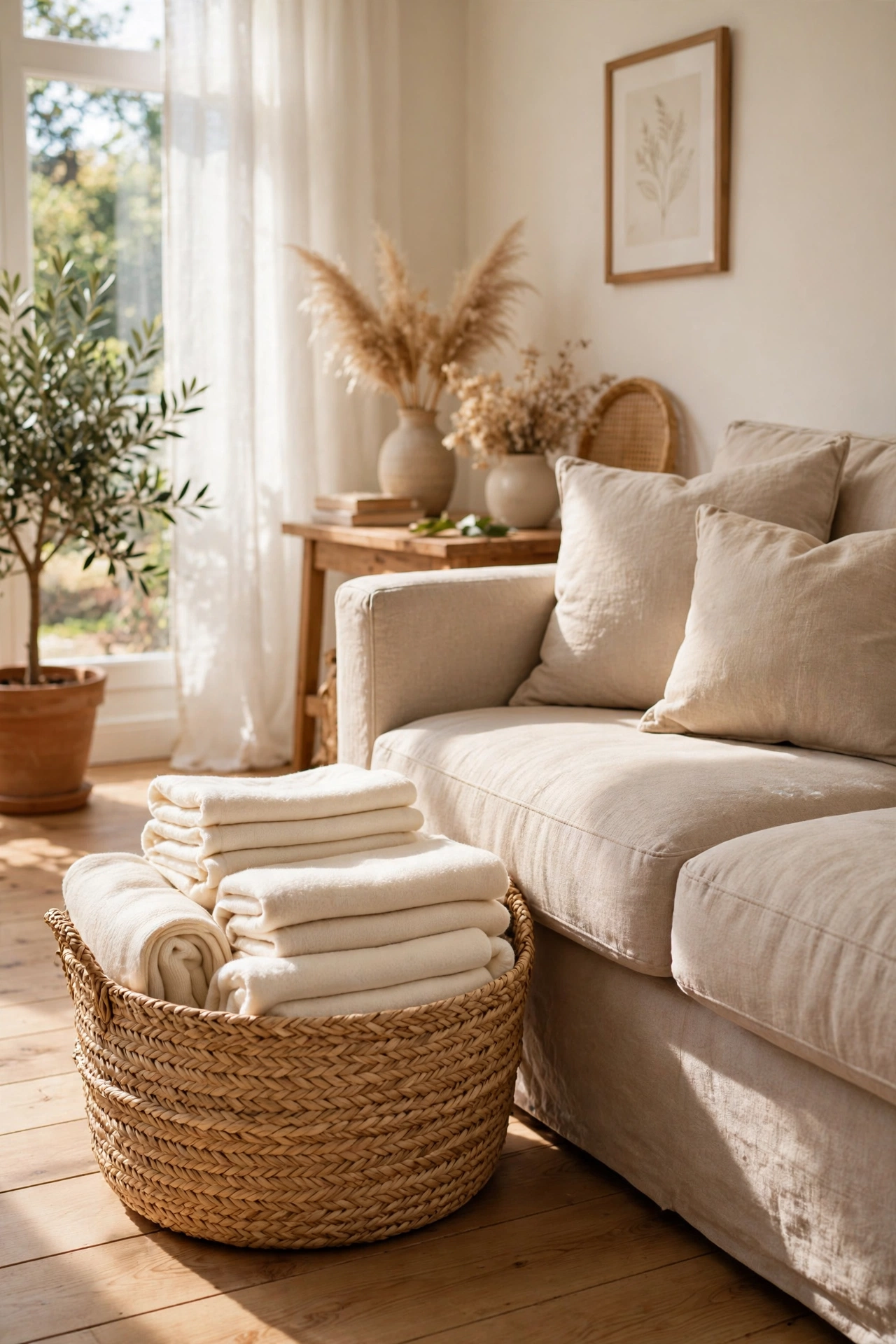 Woven seagrass style basket beside a sofa holding folded throws in a living room