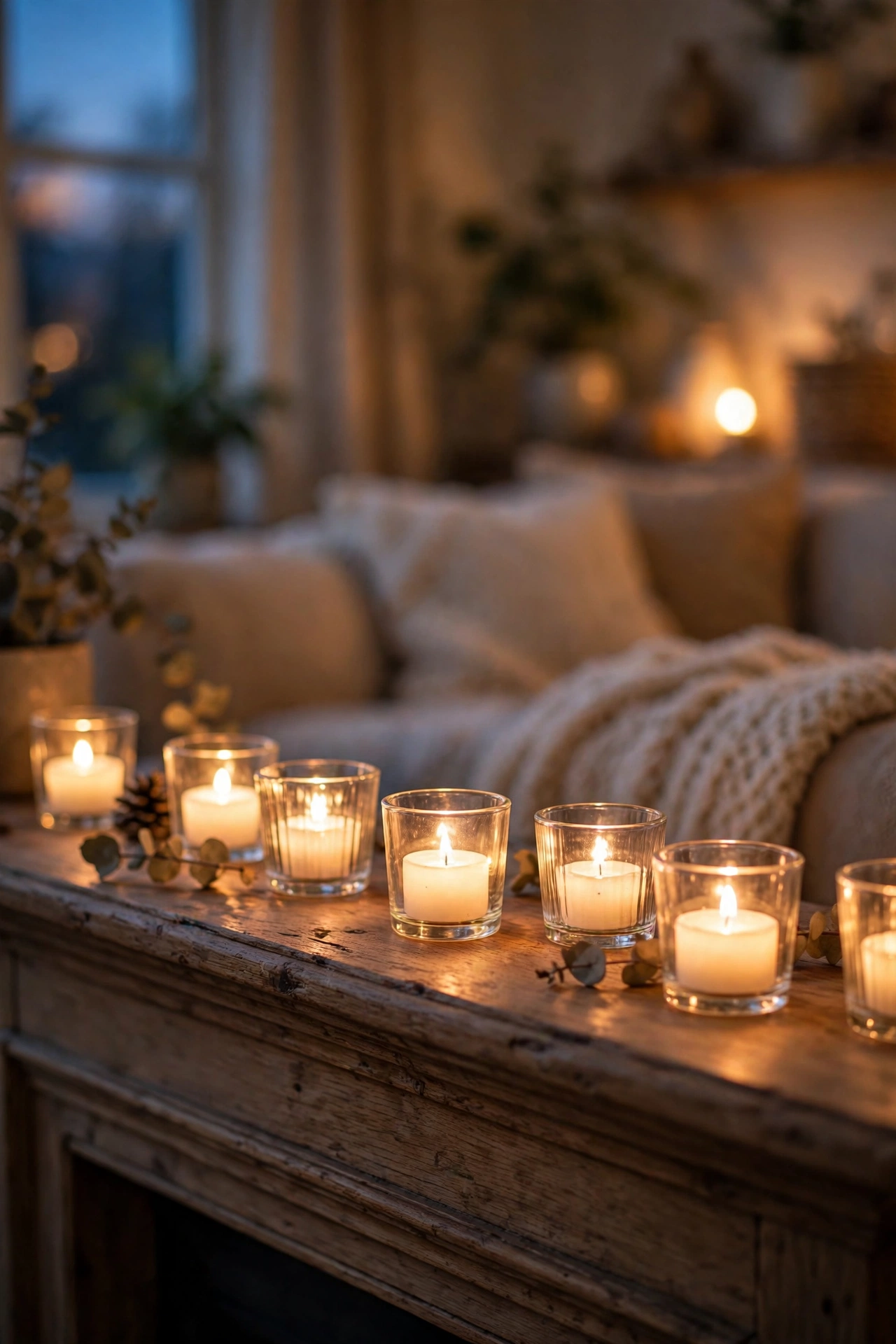 Flameless LED tea lights glowing inside glass holders on a mantel at dusk