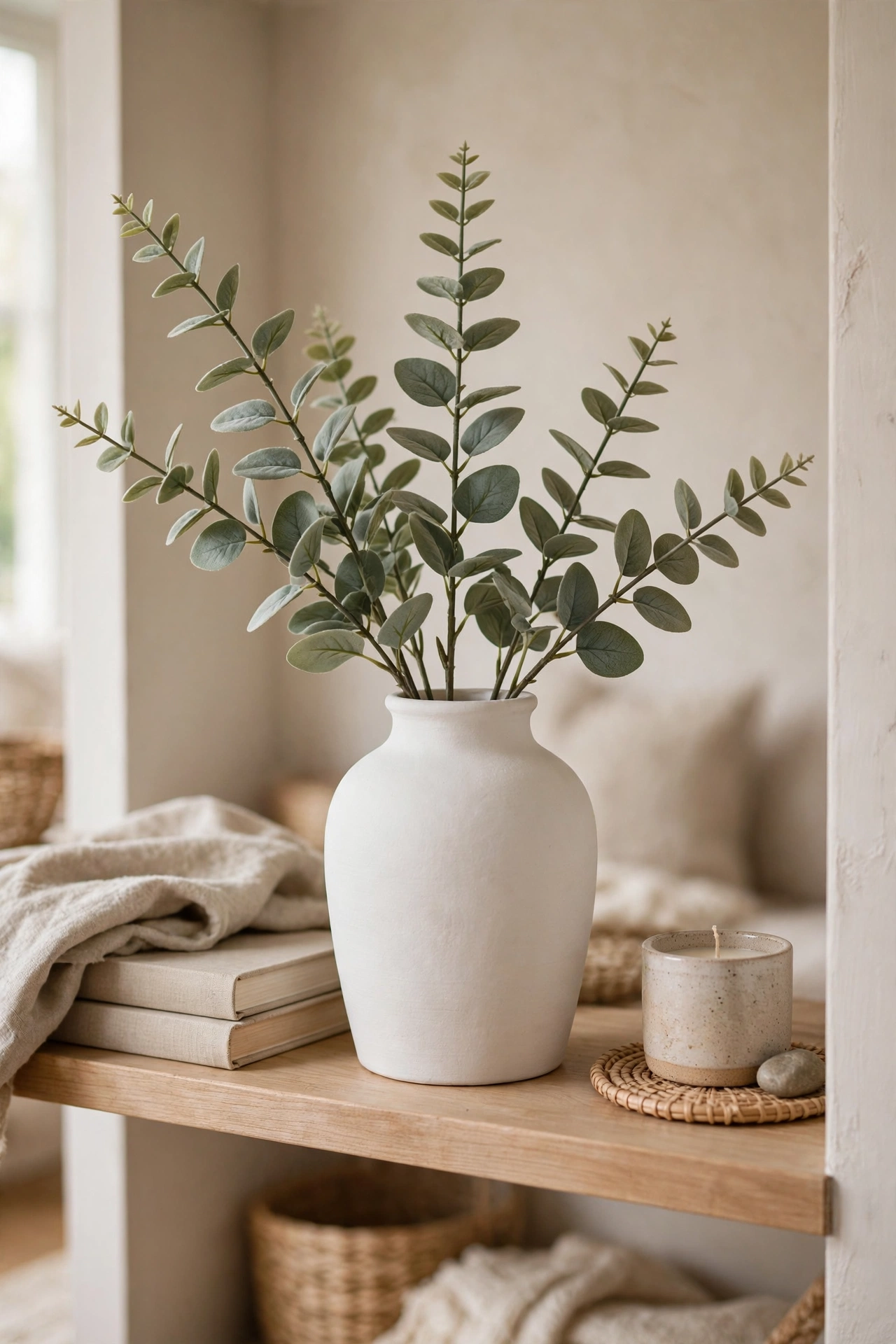Faux eucalyptus stems arranged in a ceramic vase on a living room shelf