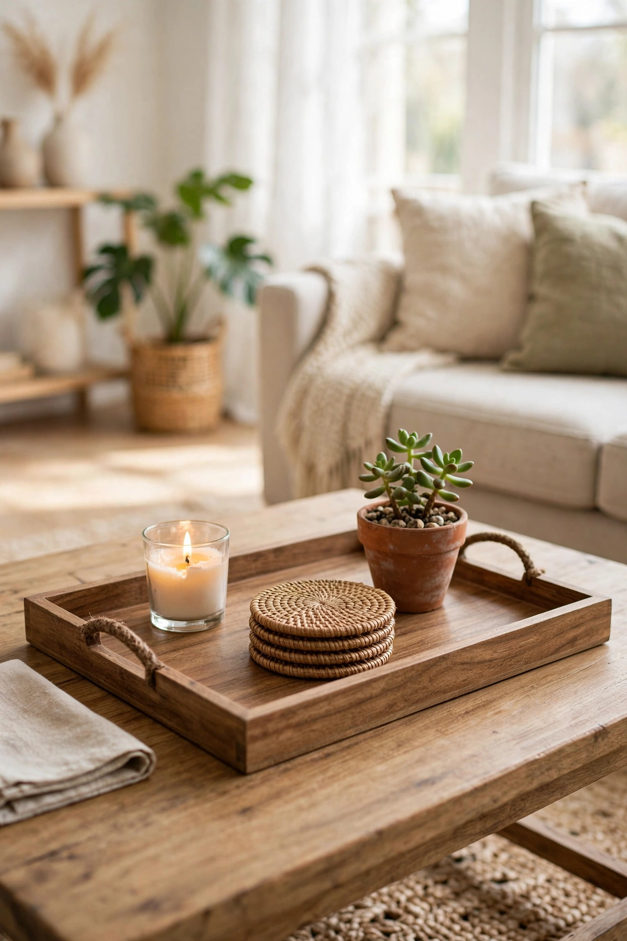 Wood-grain serving tray styled with candle, plant and coasters on a coffee table