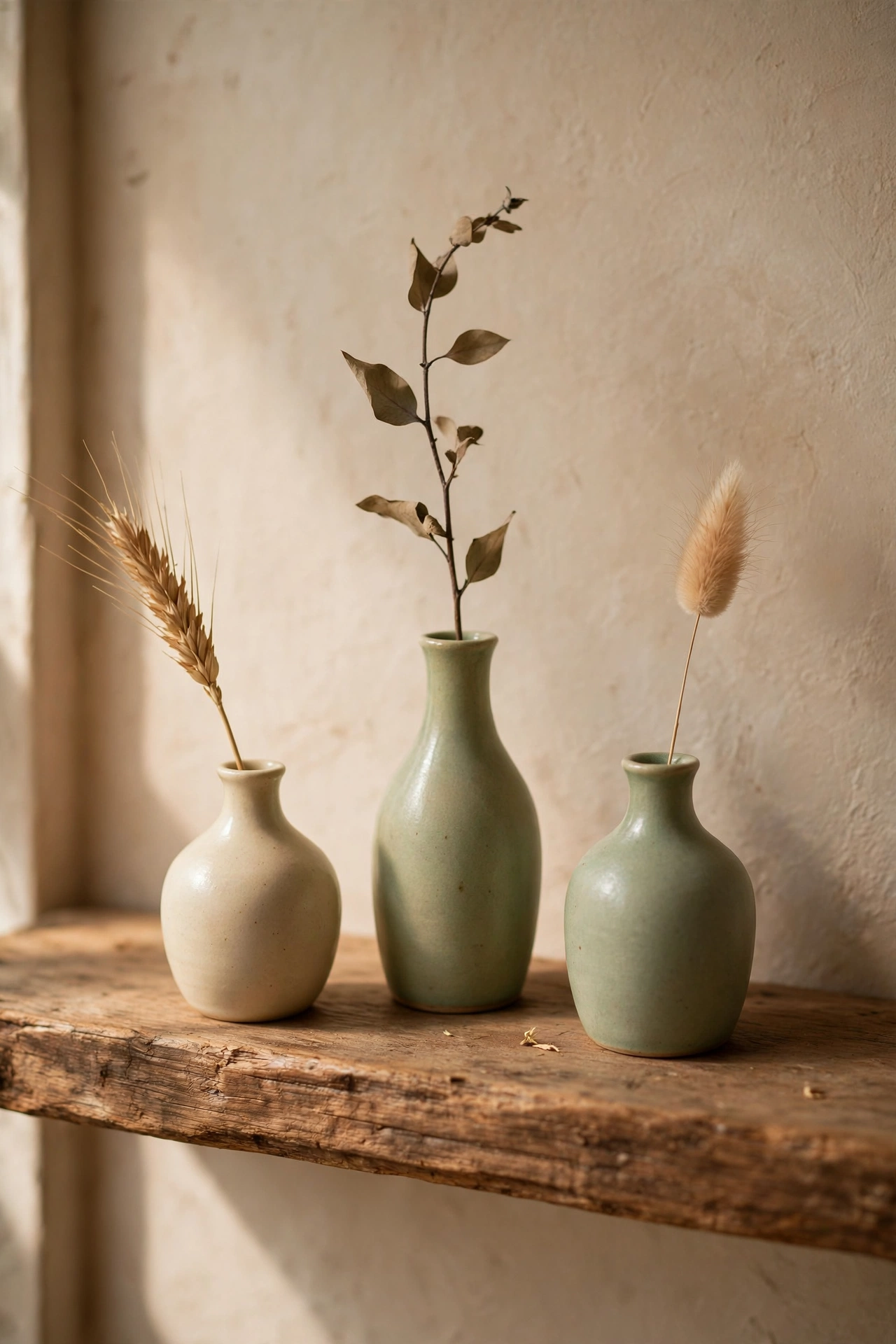 Trio of small ceramic bud vases with single stems on a wooden shelf