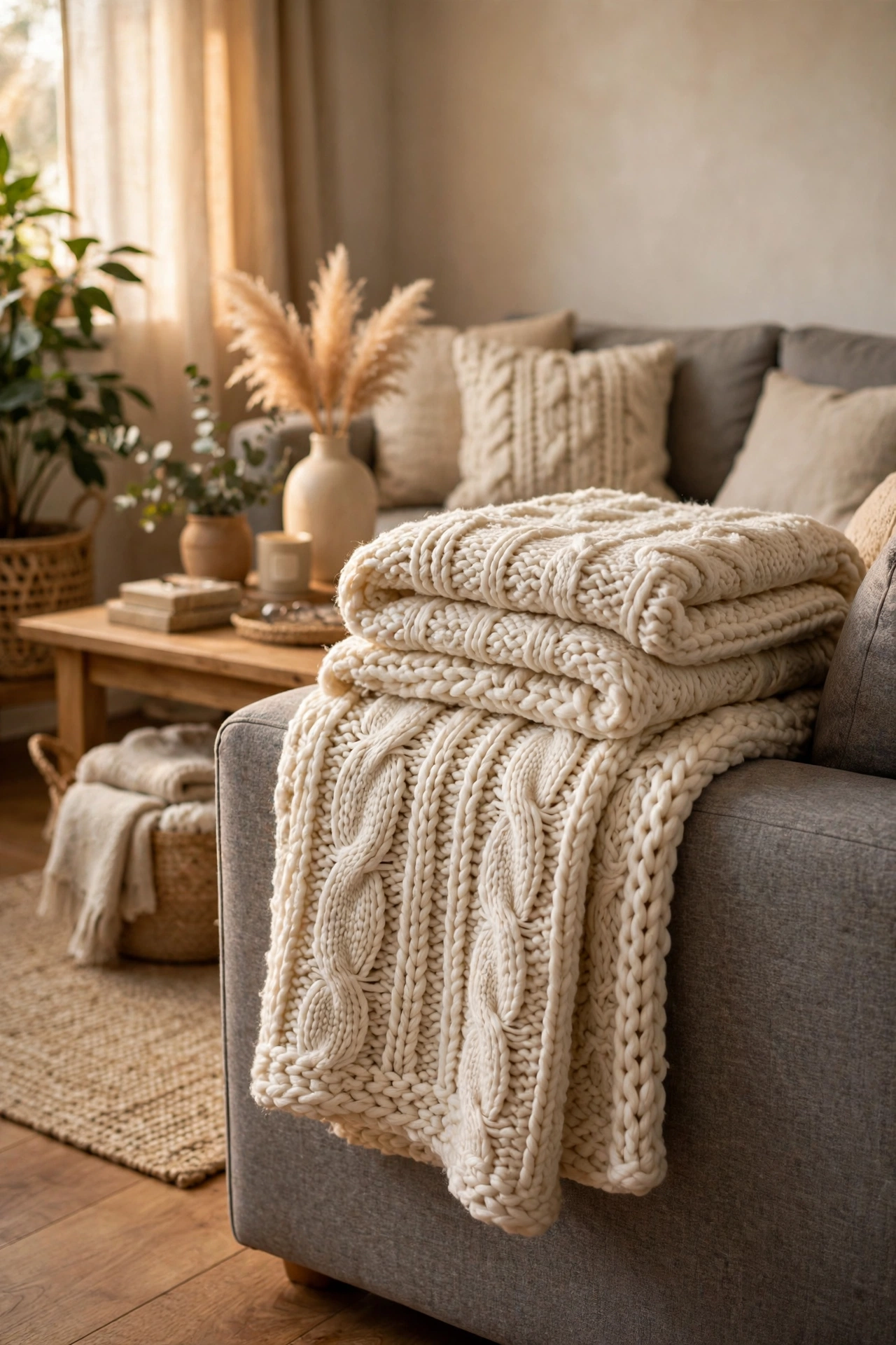 Chunky knit-style throw blanket draped over a sofa arm in a neutral living room