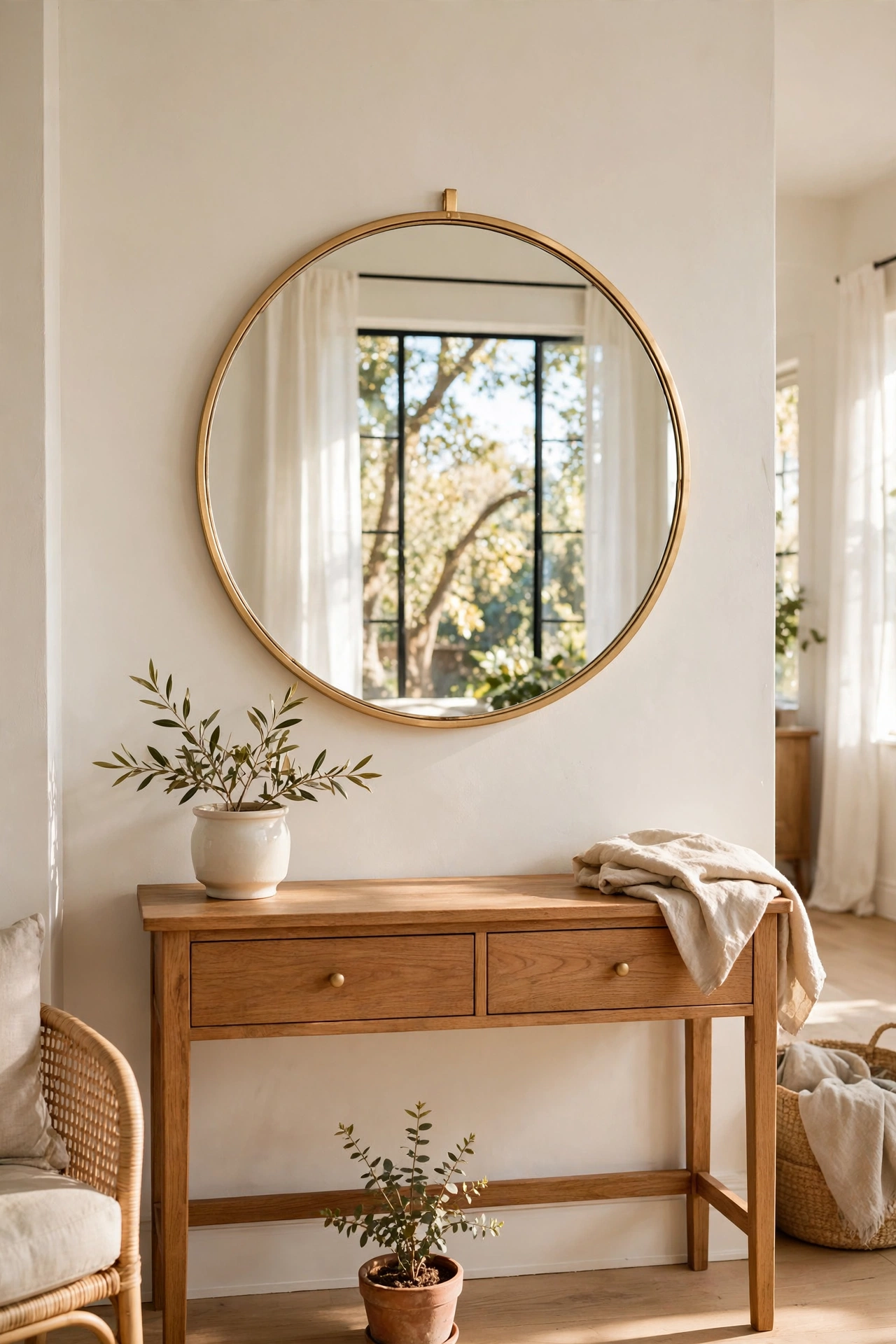 Round gold-look wall mirror hung above a console table opposite a window