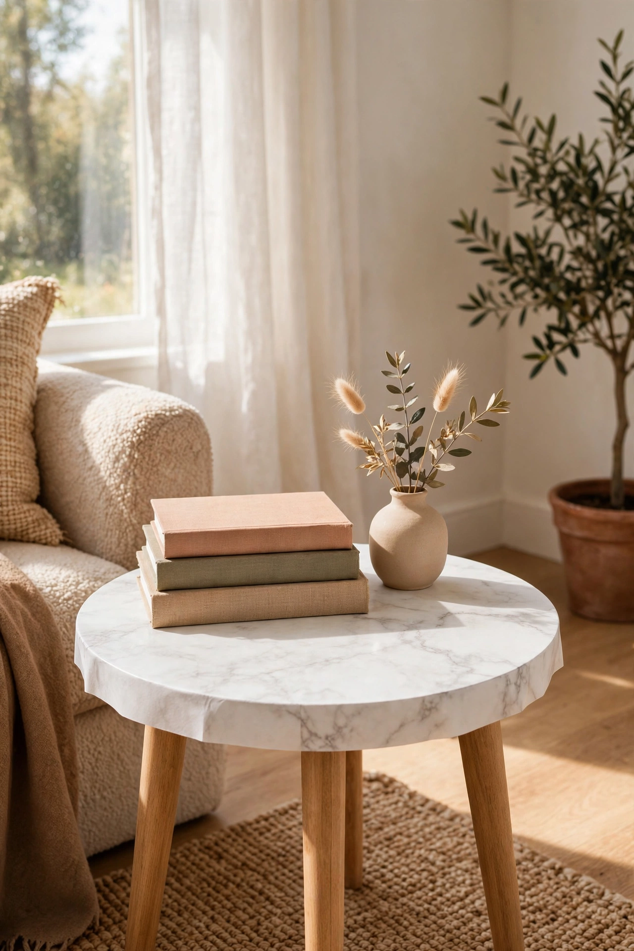 Side table top refreshed with faux marble contact paper, styled with books and vase