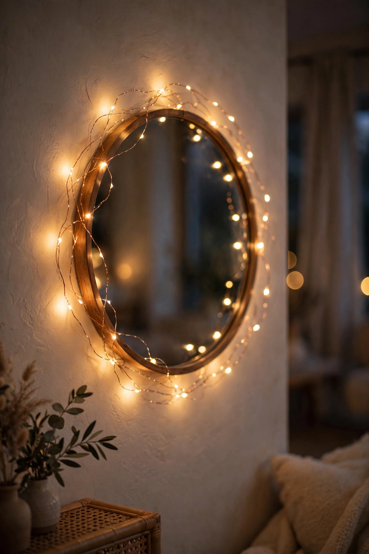 Copper-wire fairy lights draped around a mirror frame glowing in the evening
