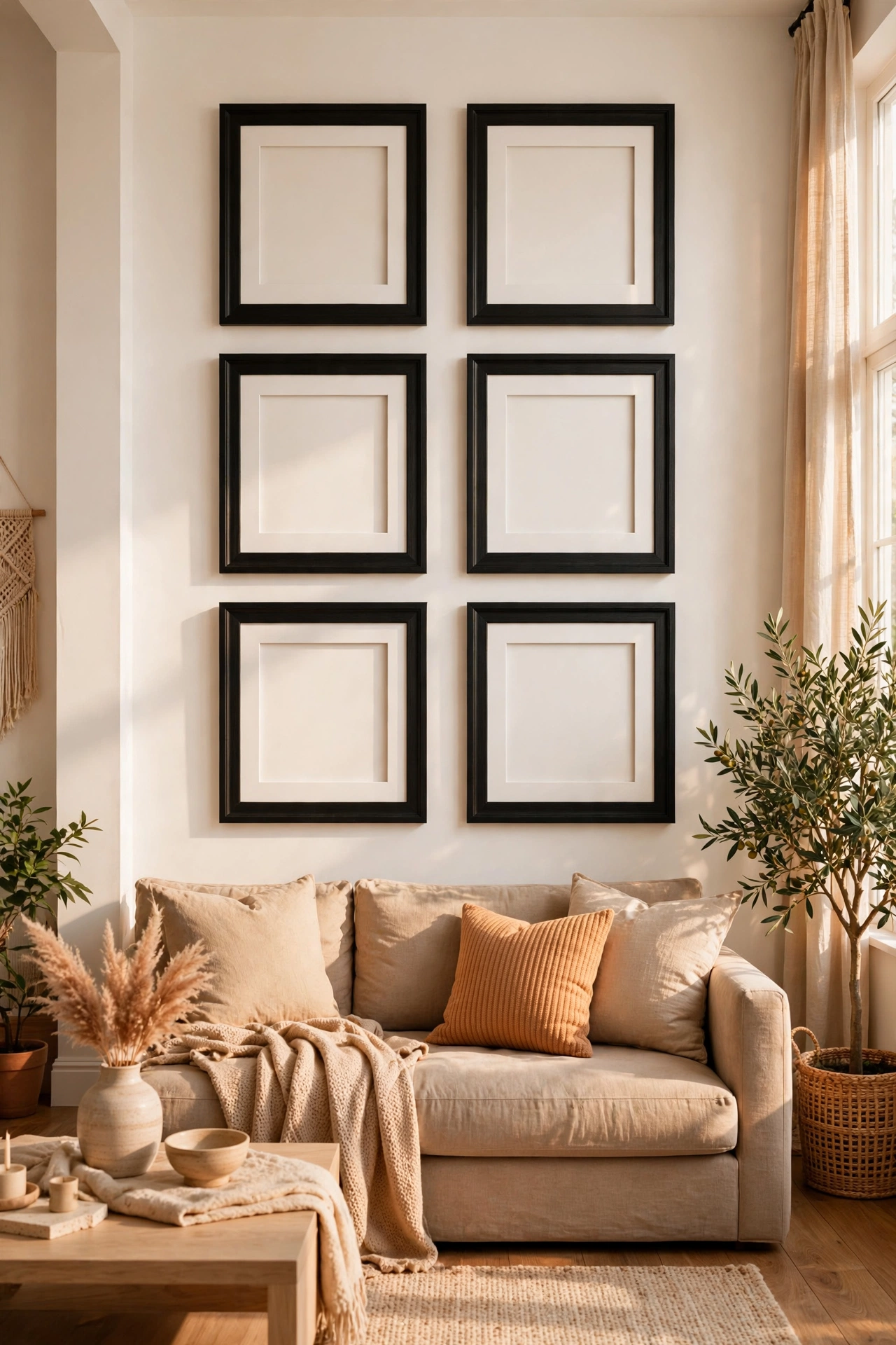 Gallery wall of six matching black picture frames with white mounts in a living room
