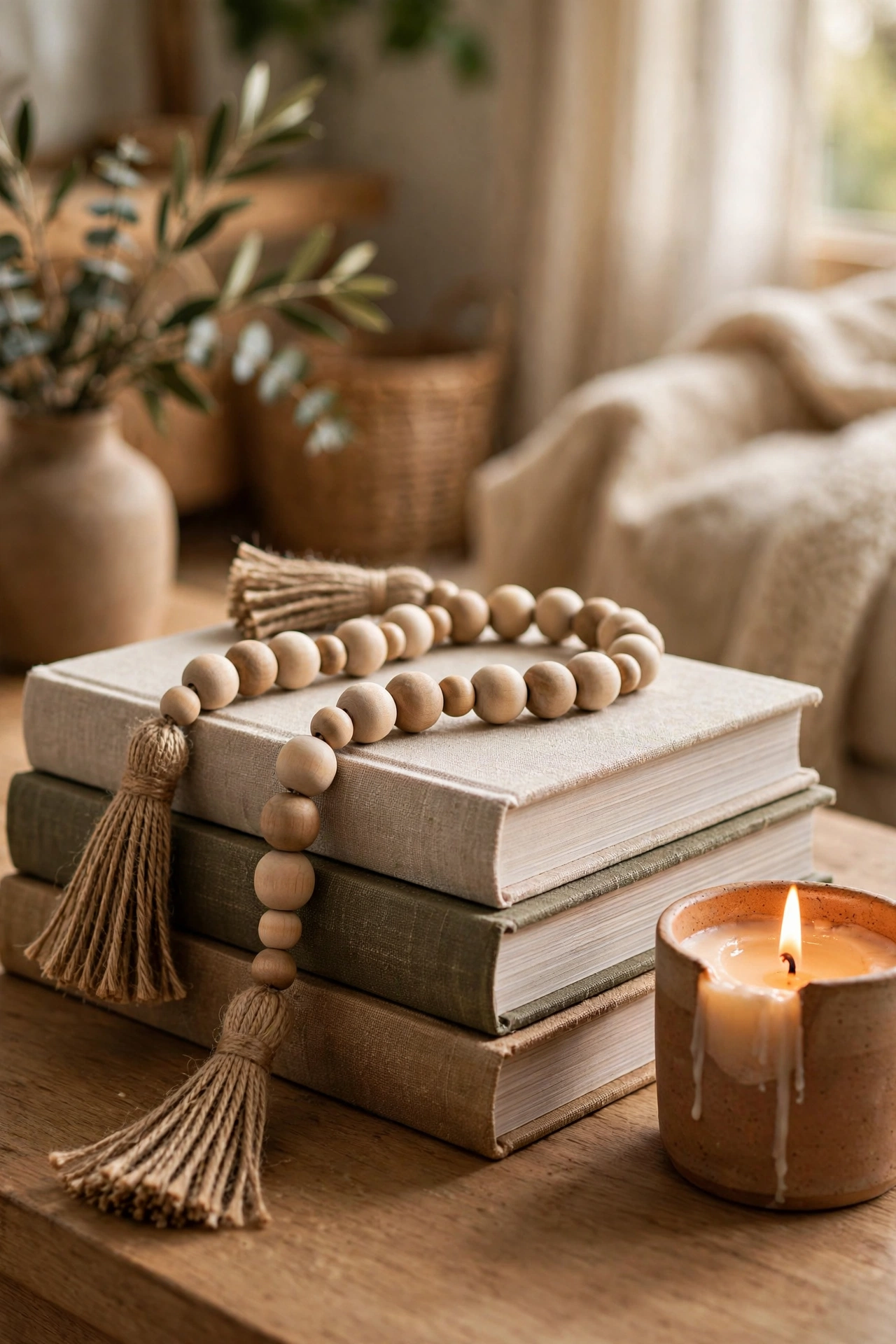 Wood bead garland draped in an S-curve over a stack of coffee table books