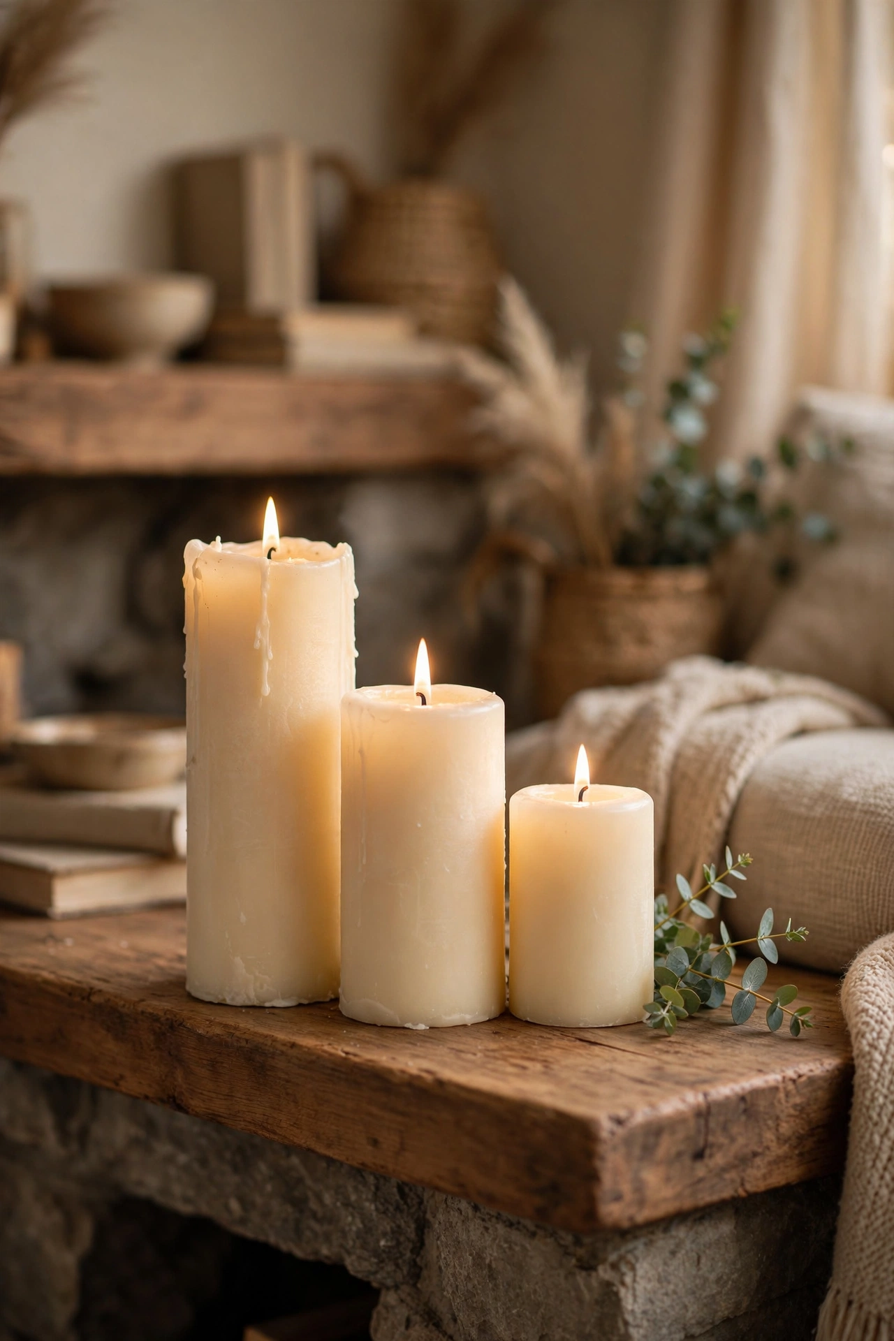 Cluster of scented pillar candles in graduated heights on a mantel