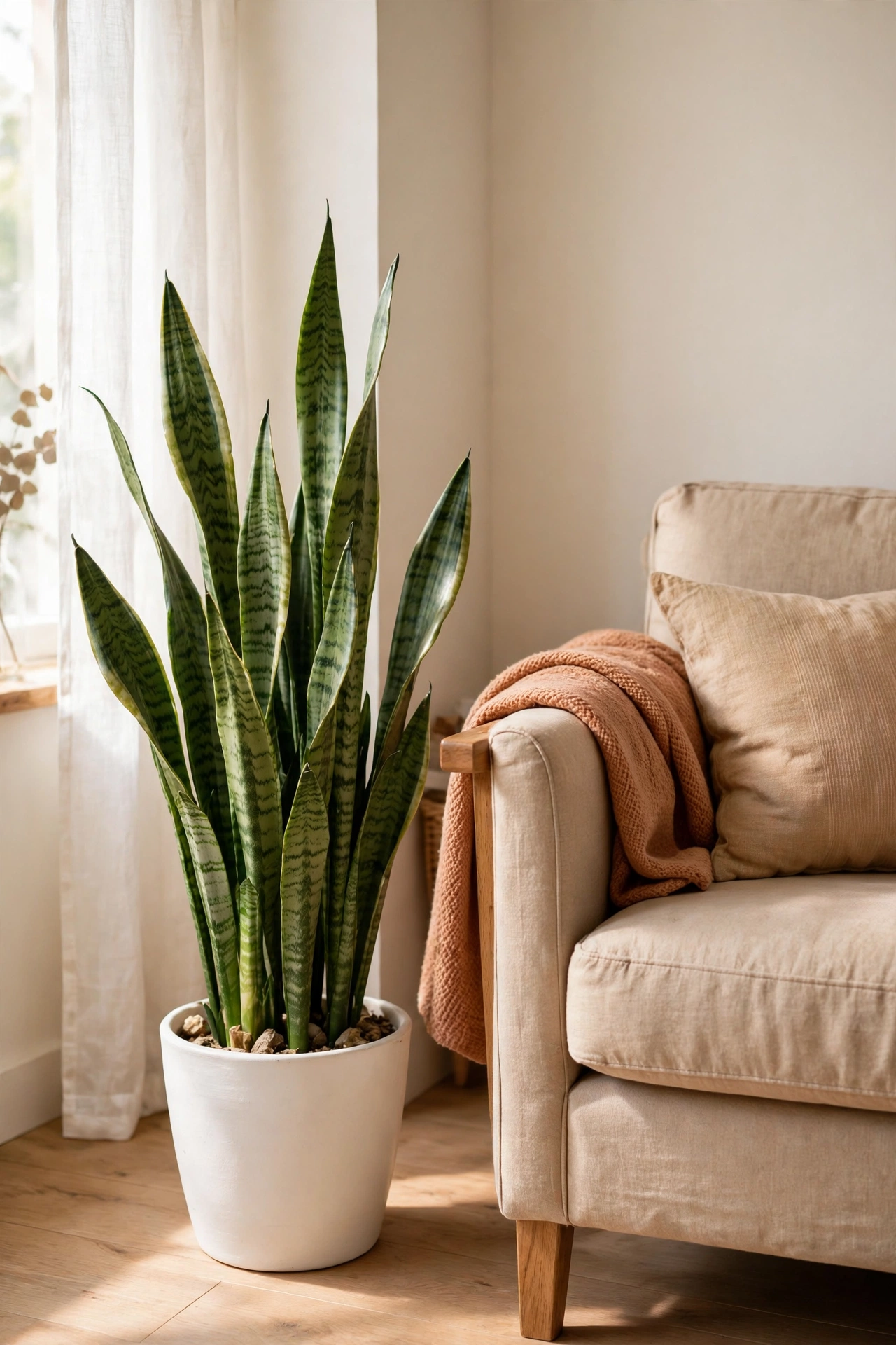 Faux snake plant in a ceramic pot filling an empty living room corner