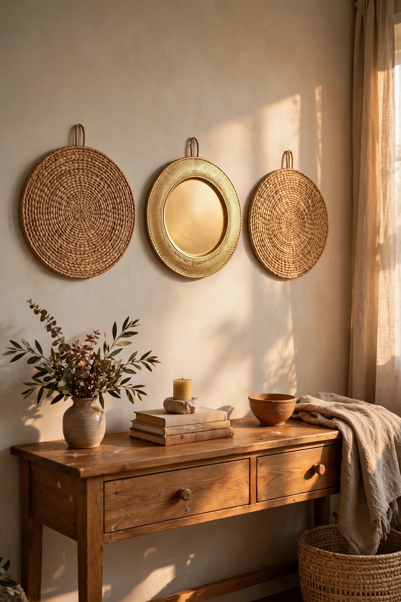 Three woven chargers hung as wall decor above a console table