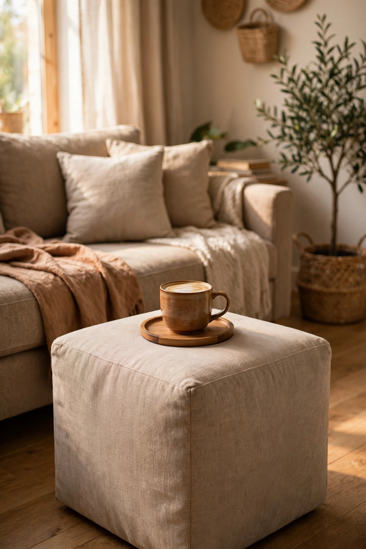 Neutral cube storage ottoman in front of a sofa doubling as a footrest