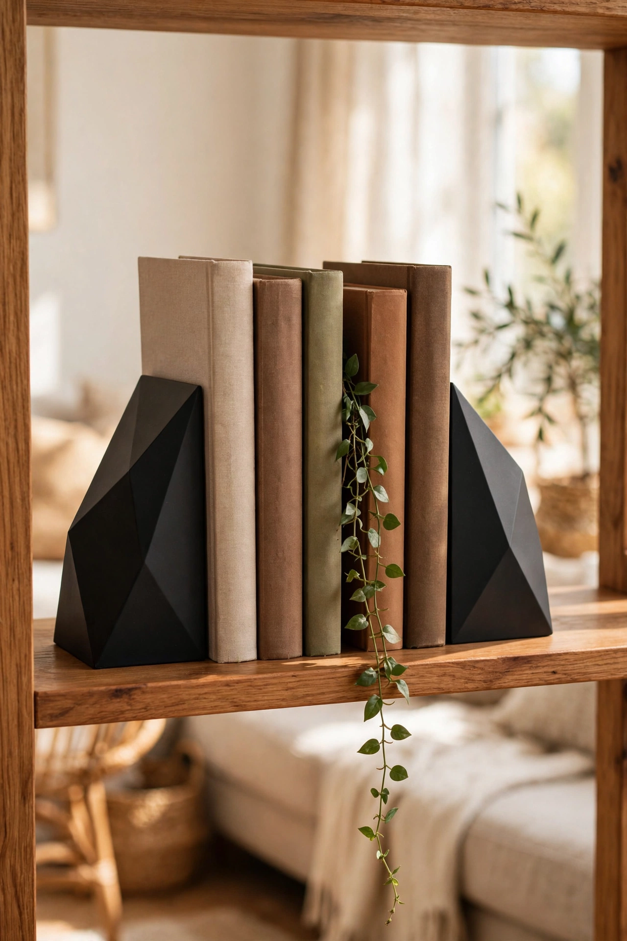 Geometric metal bookends framing books and a small plant on a shelf