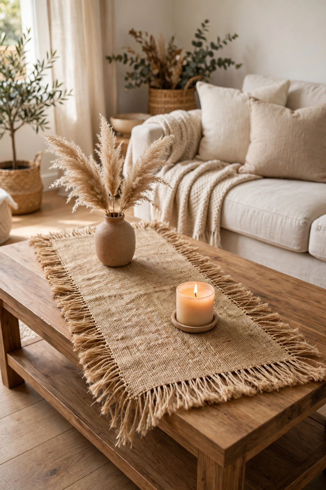 Fringed jute table runner centred on a coffee table with styled objects