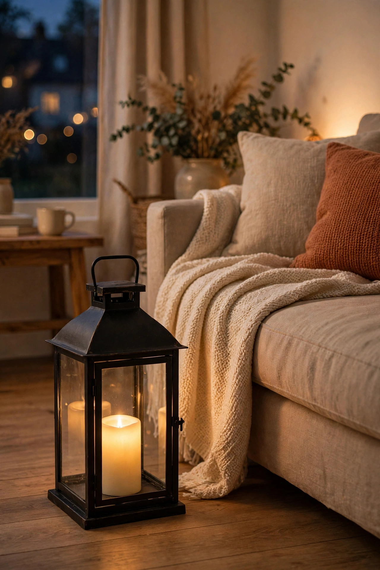 Black metal lantern with LED pillar candle beside a sofa in a living room