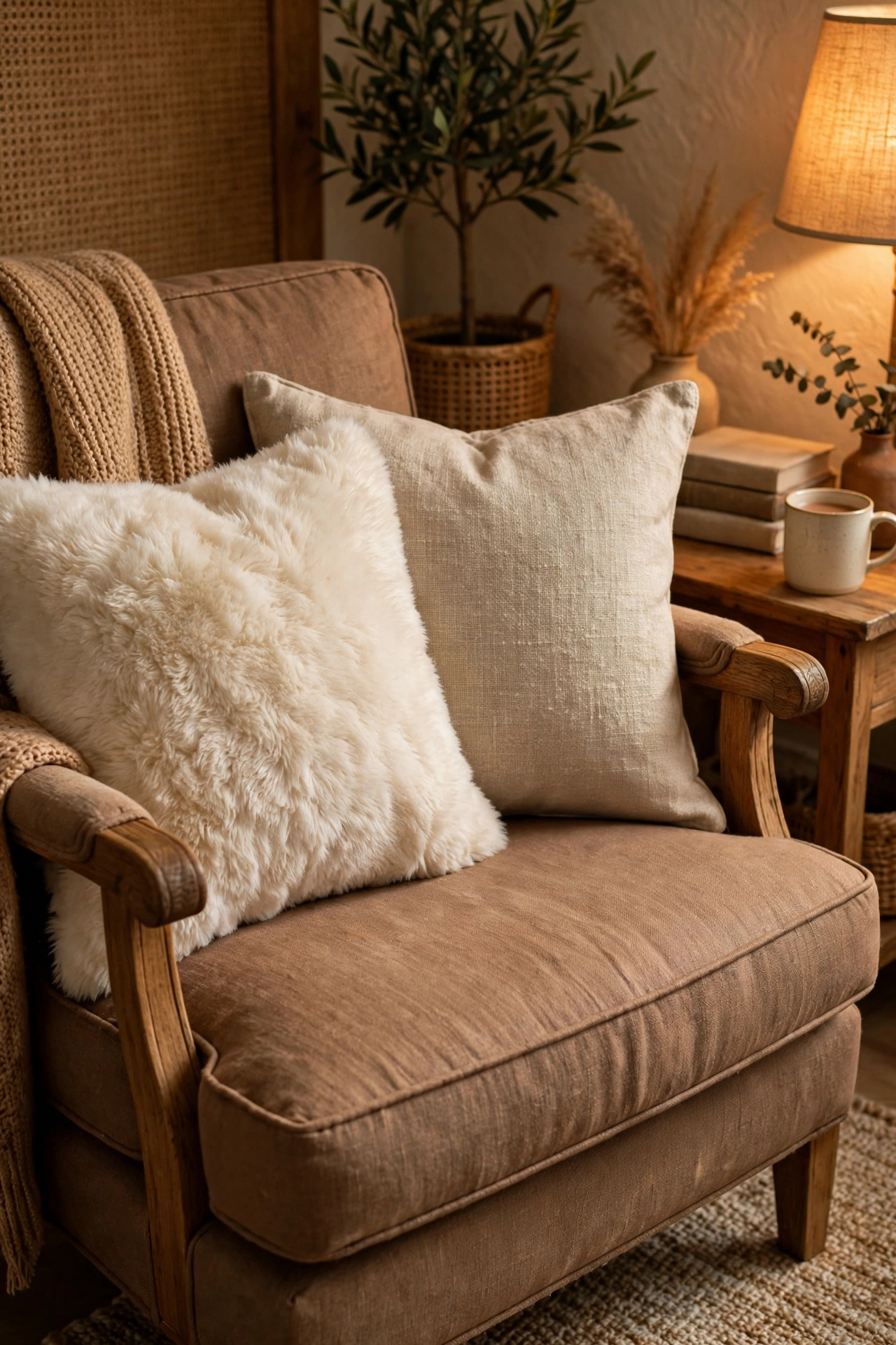 Faux fur throw pillow as a single accent on an armchair beside linen cushions