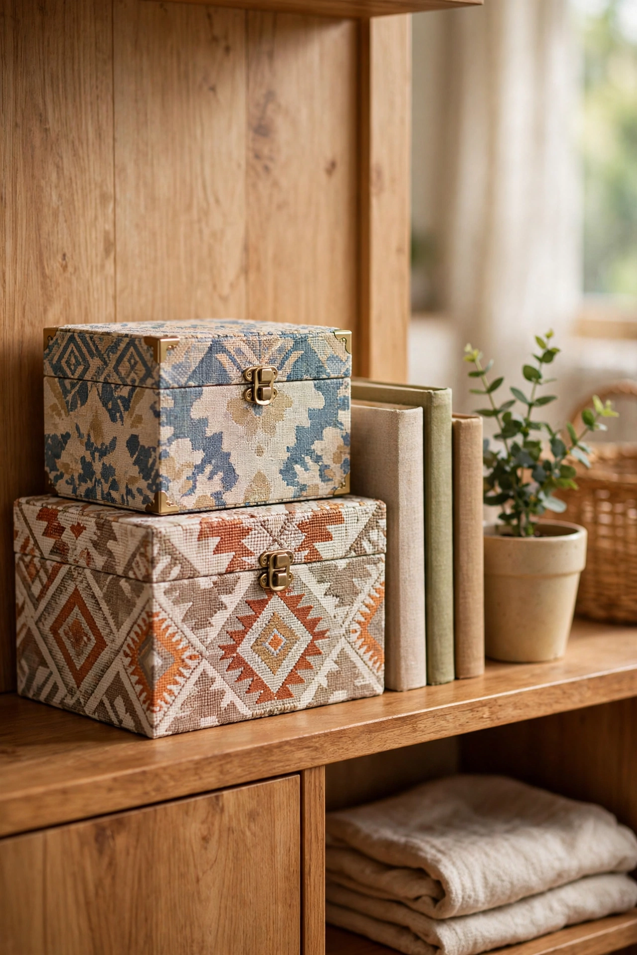 Stacked lidded decorative storage boxes on a living room shelf hiding clutter