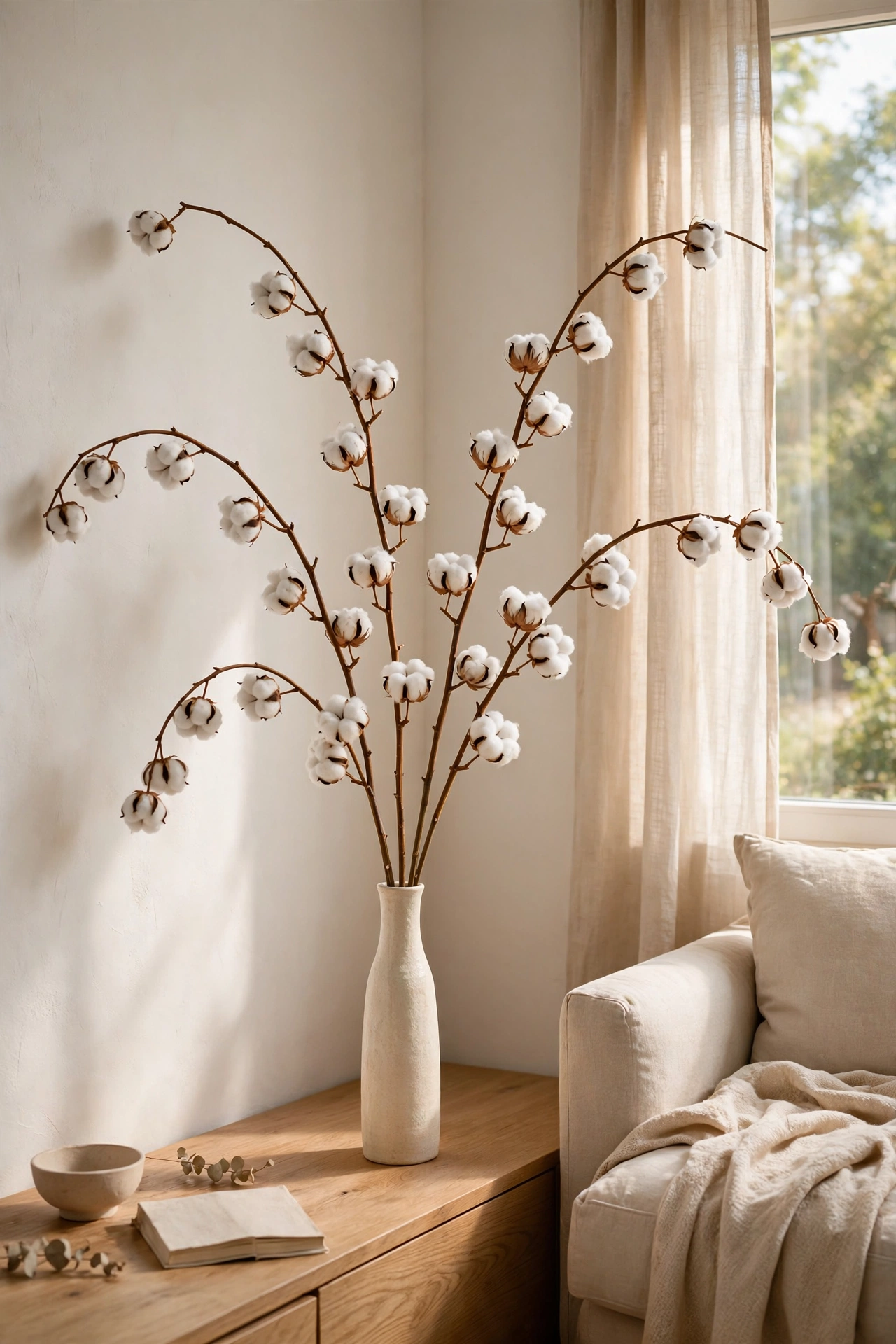 Tall faux cotton stems arranged in a slim vase in a bright living room corner