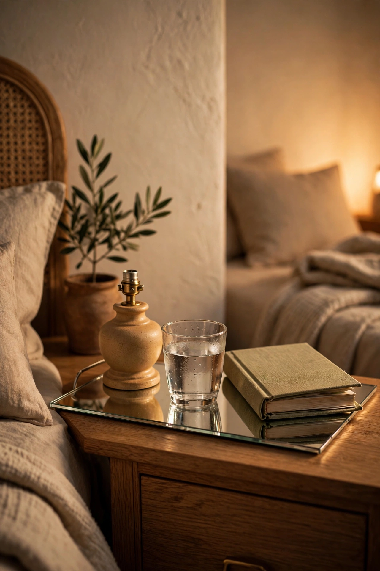 Mirrored tray with lamp base, water glass and book on a bedroom nightstand