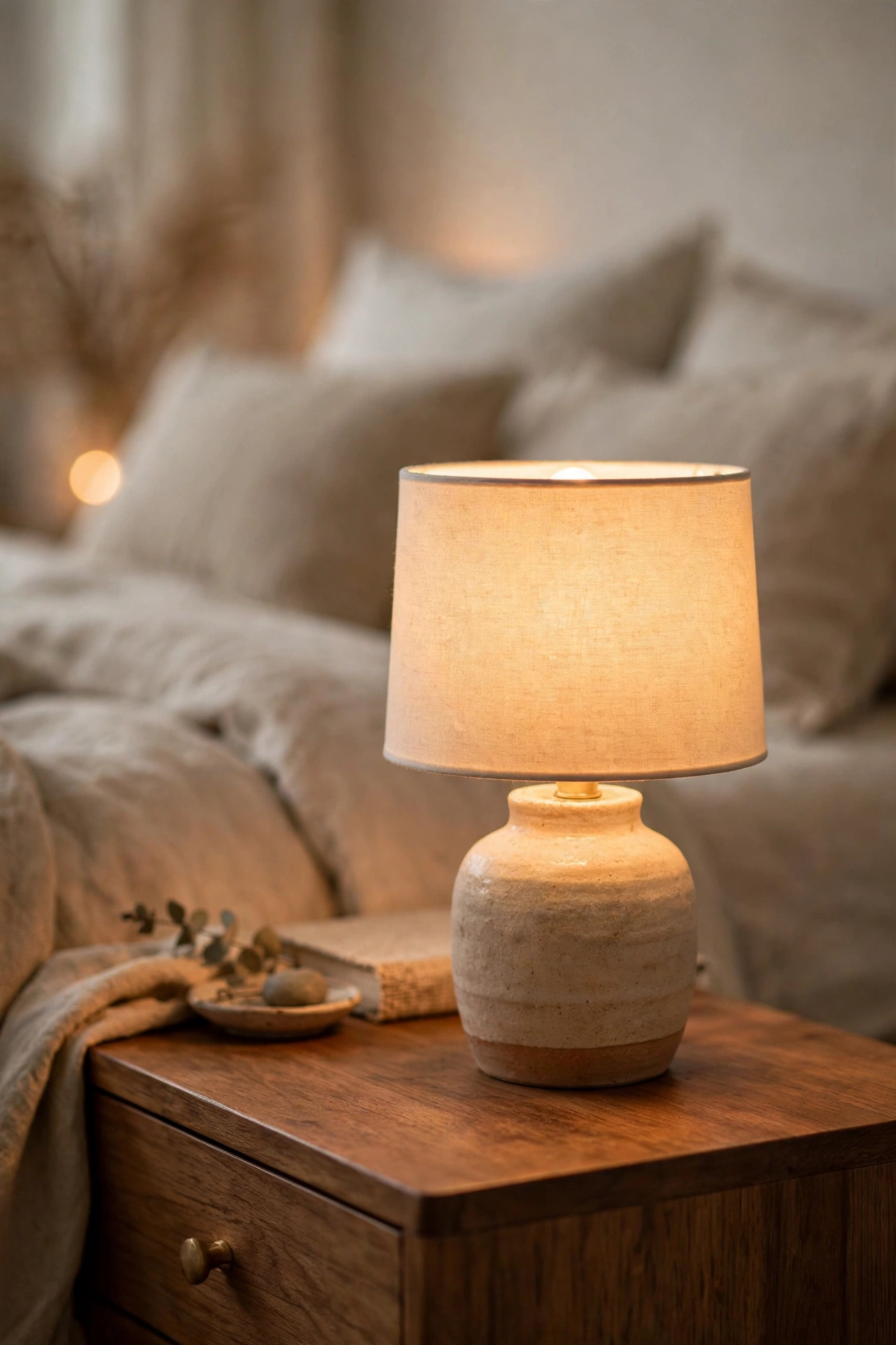 Nightstand lamp with a new cream drum shade in a styled bedroom