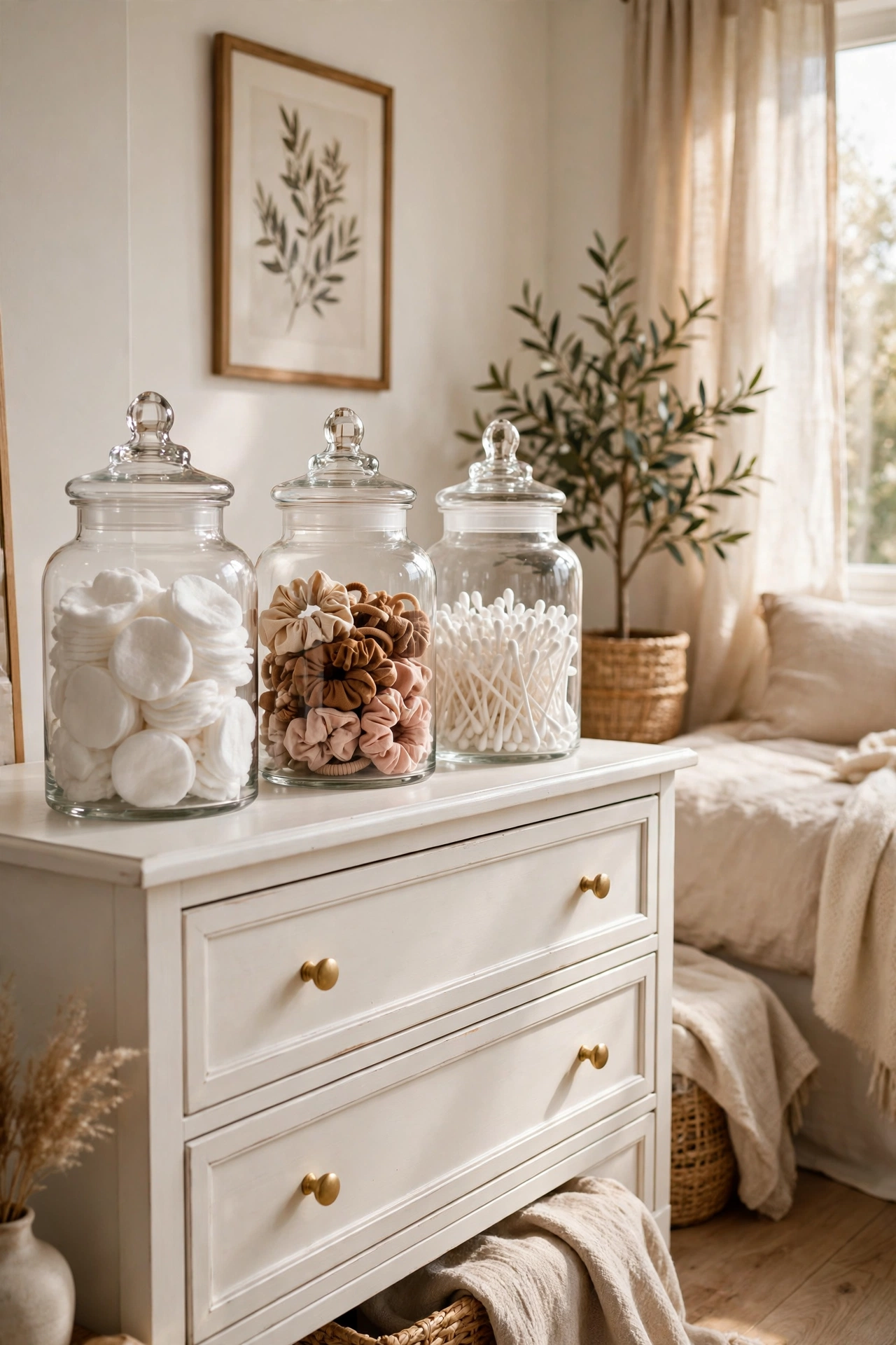 Three glass apothecary jars with cotton pads and hair ties on a dresser