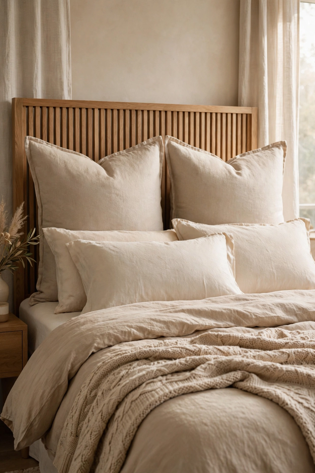 Bed styled with tall euro sham pillows against the headboard, hotel look