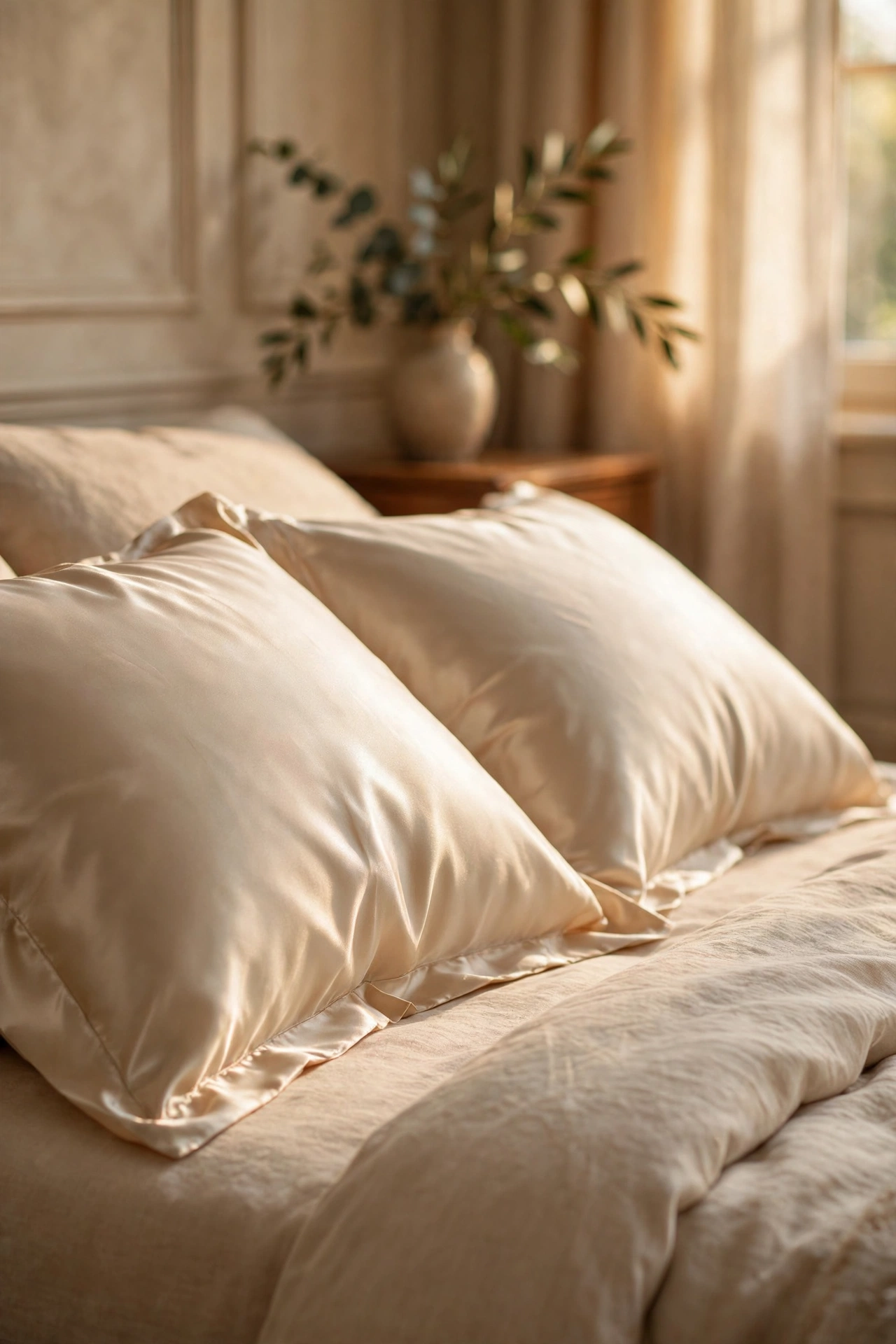 Satin pillowcases in champagne on a neatly made bed with soft sheen