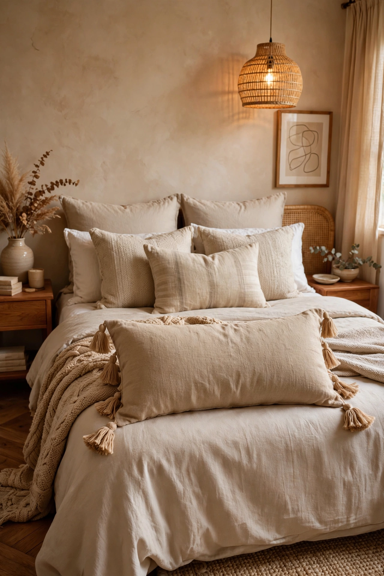 Tasselled lumbar pillow centred across a styled bed, boutique bedroom look