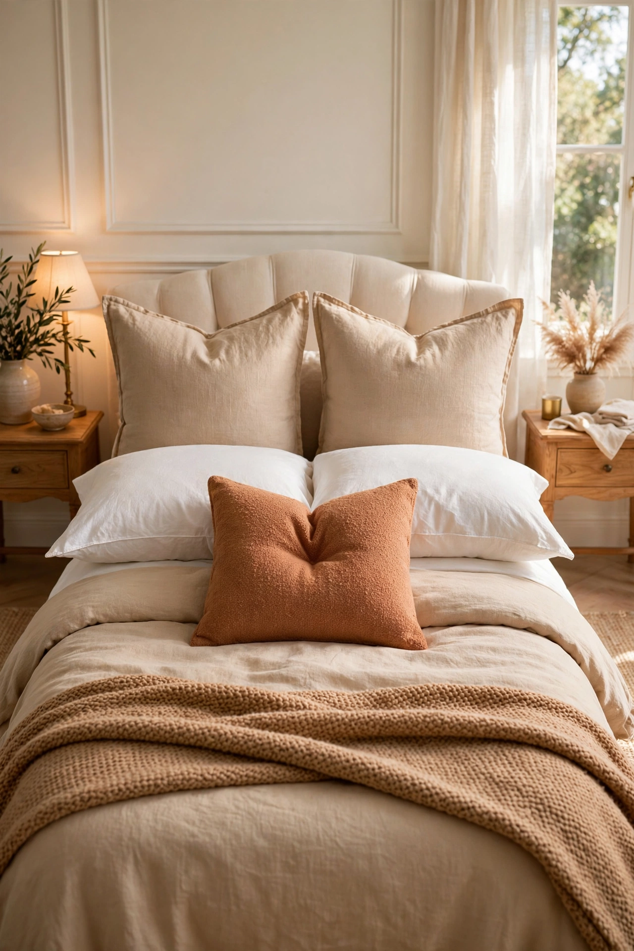 Bed arranged in the 2-2-1 pillow formula with a karate-chop dented cushion