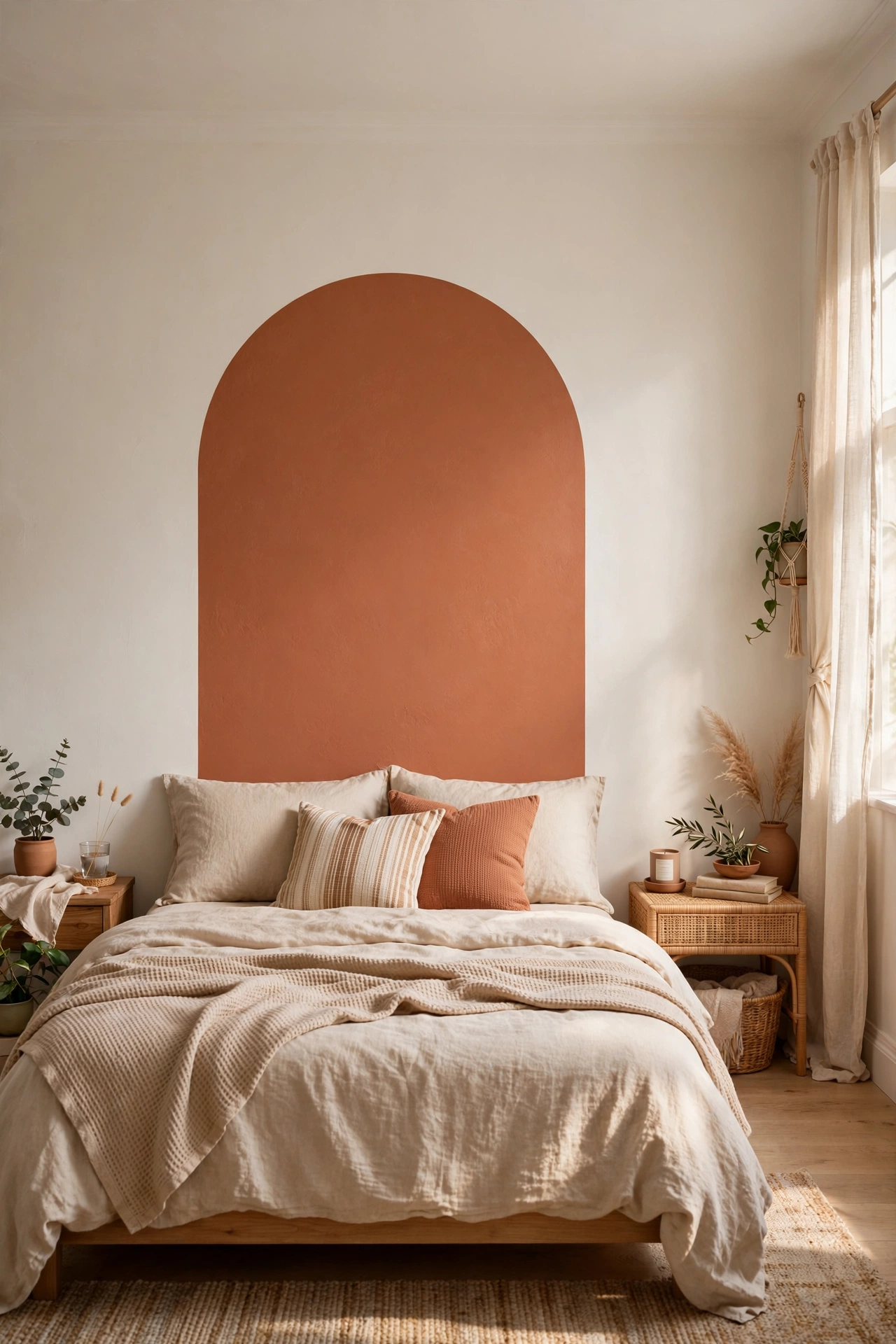 Removable terracotta arch wall decal centred behind a bed in a renter bedroom