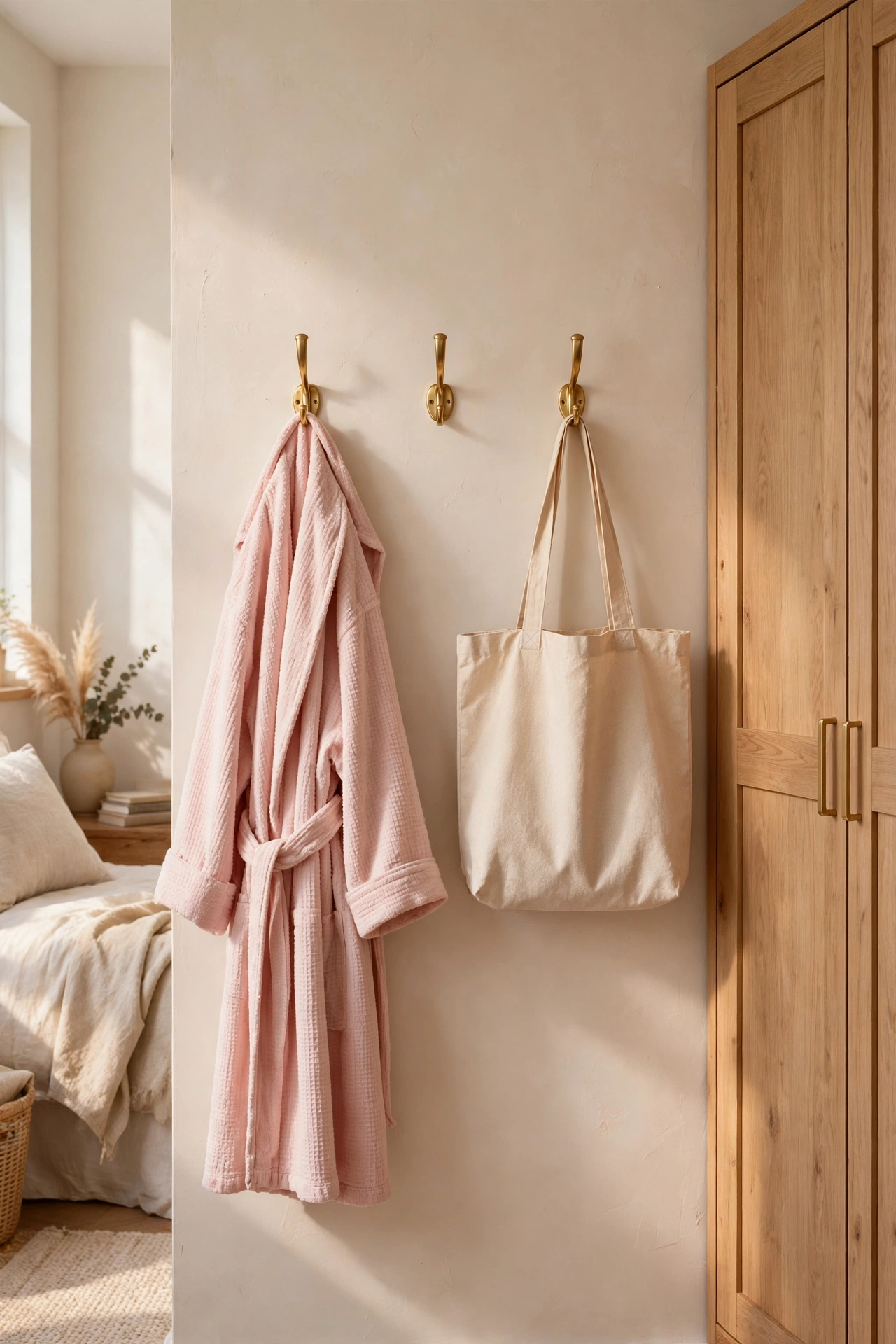 Row of three gold-look wall hooks holding a robe and tote bag in a bedroom