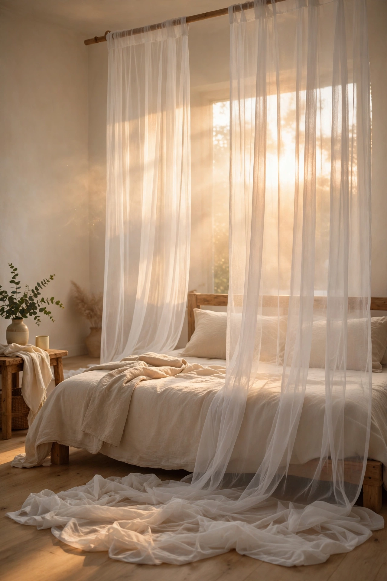 Sheer white voile curtain panels filtering soft morning light in a bedroom