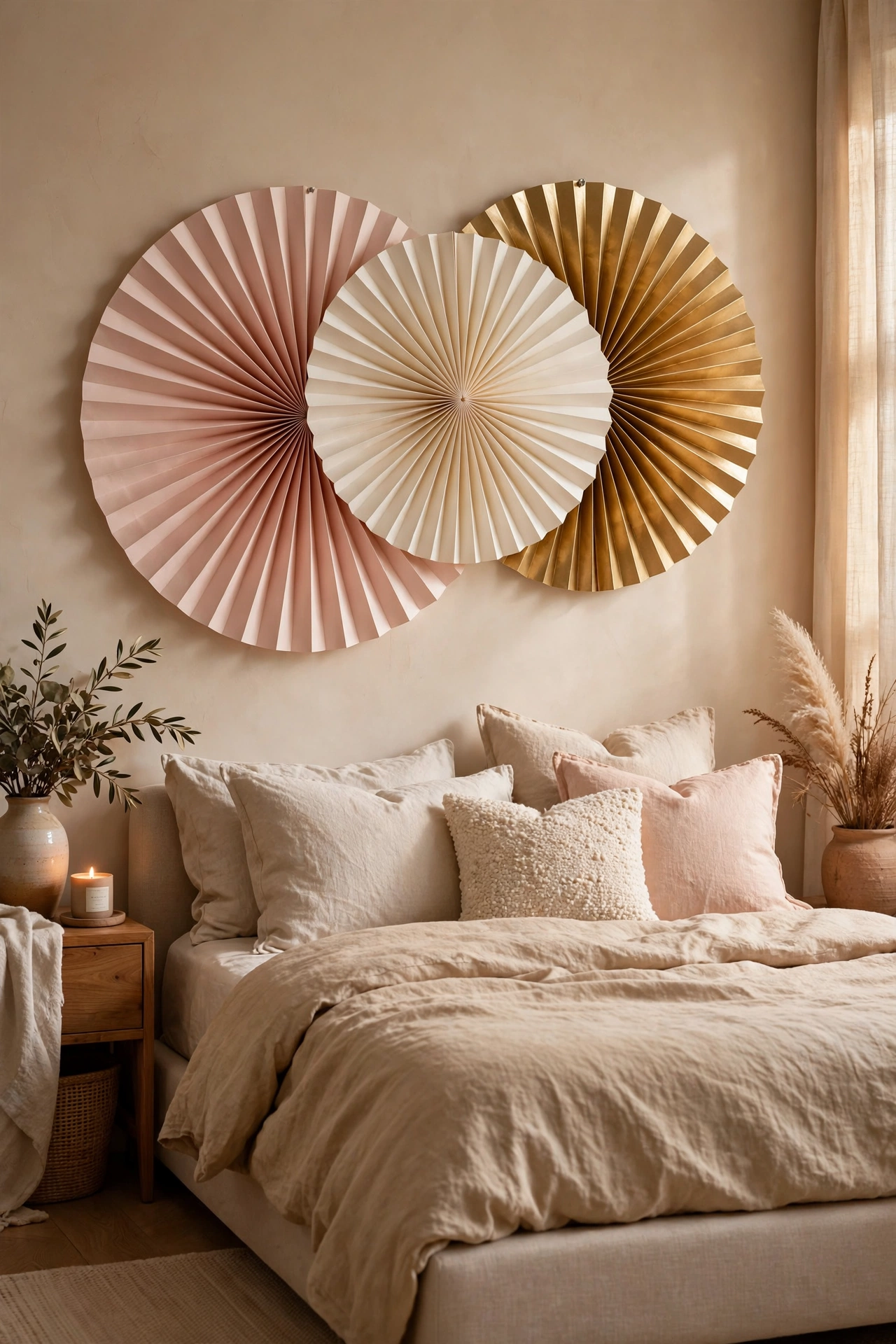Cluster of oversized paper fans in blush and gold as wall art above a bed
