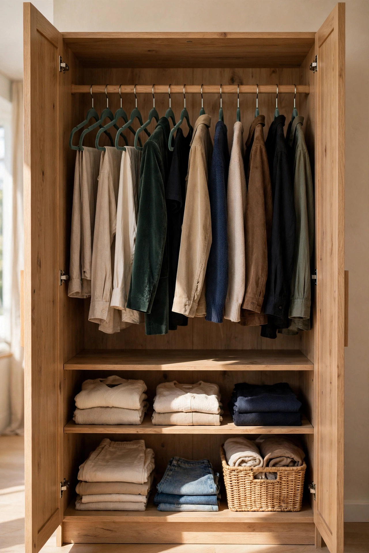 Closet rail with uniform slim velvet-look hangers and neatly hung clothes