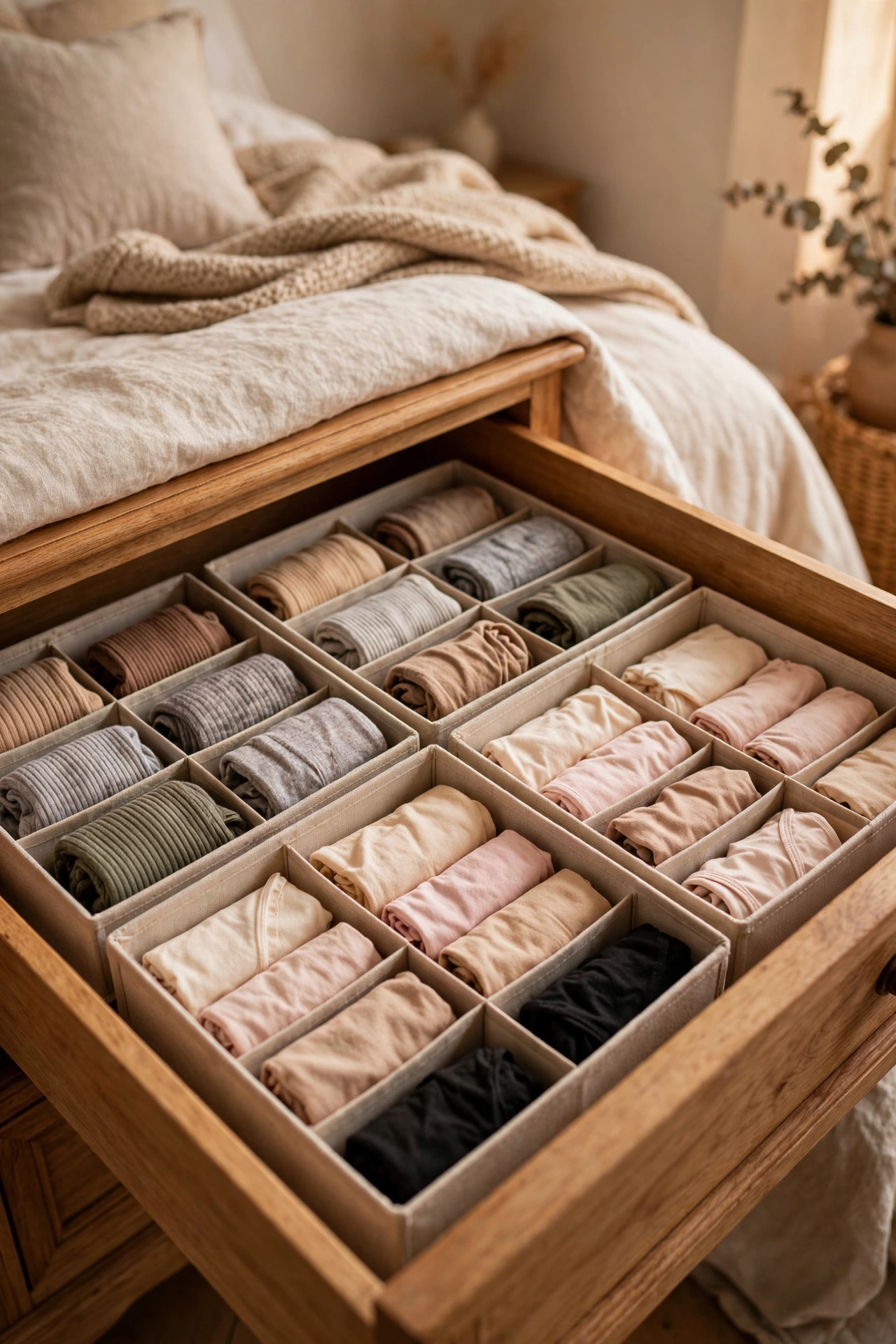 Dresser drawer fitted with stackable organiser trays sorting socks and underwear