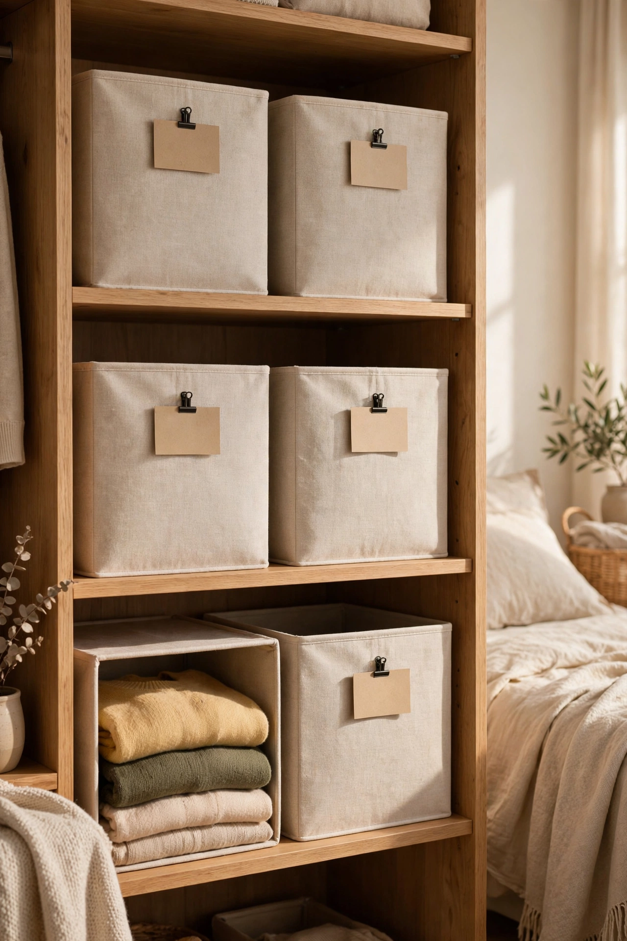 Labelled fabric cube bins on closet shelves hiding folded clothes and bedding