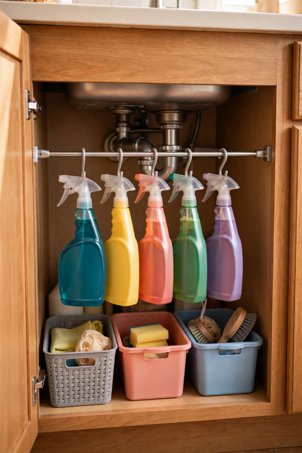 dollar store organization ideas: tension rod under kitchen sink holding spray bottles