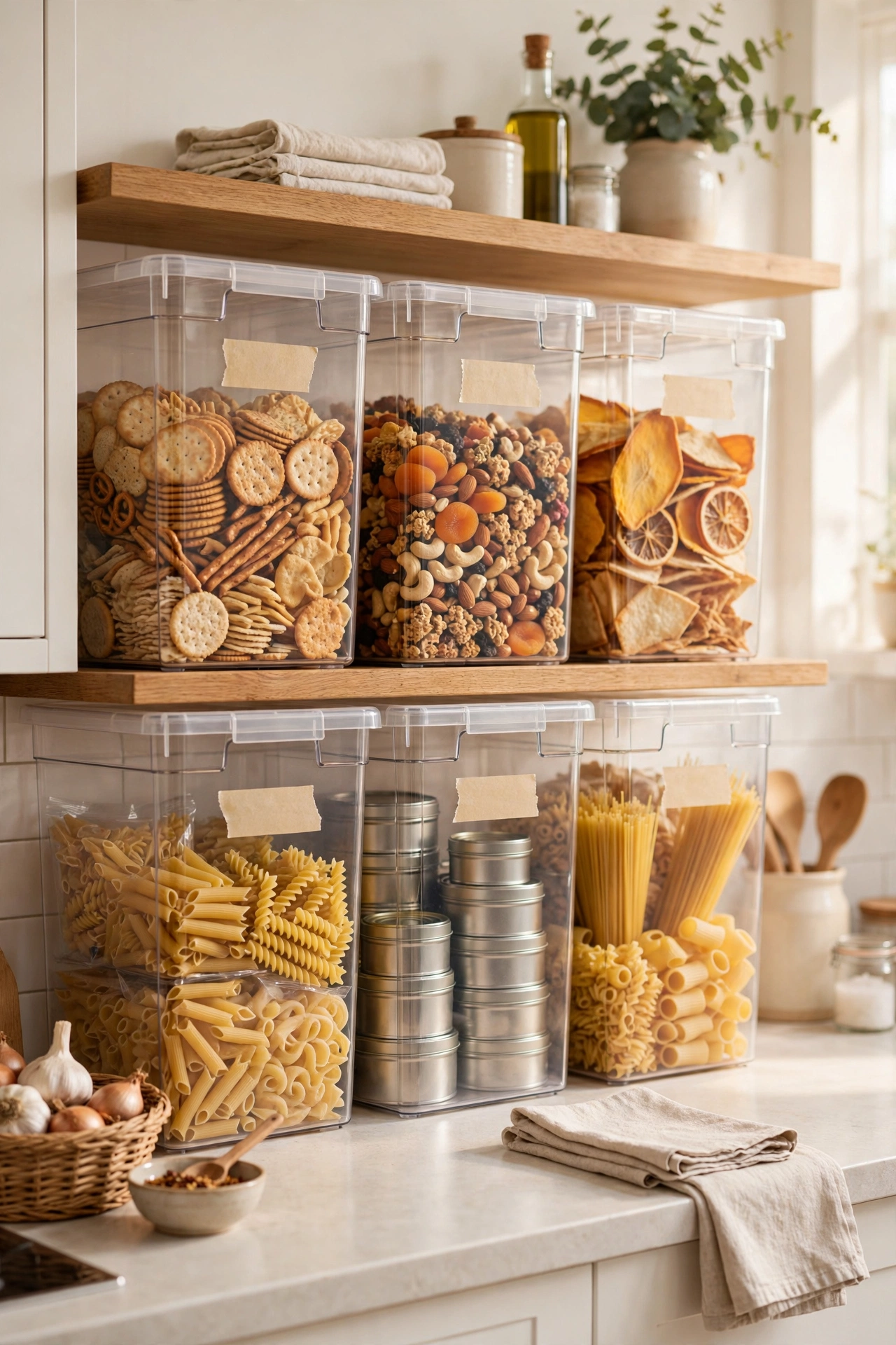 dollar store organization ideas: stackable bins organising a pantry shelf