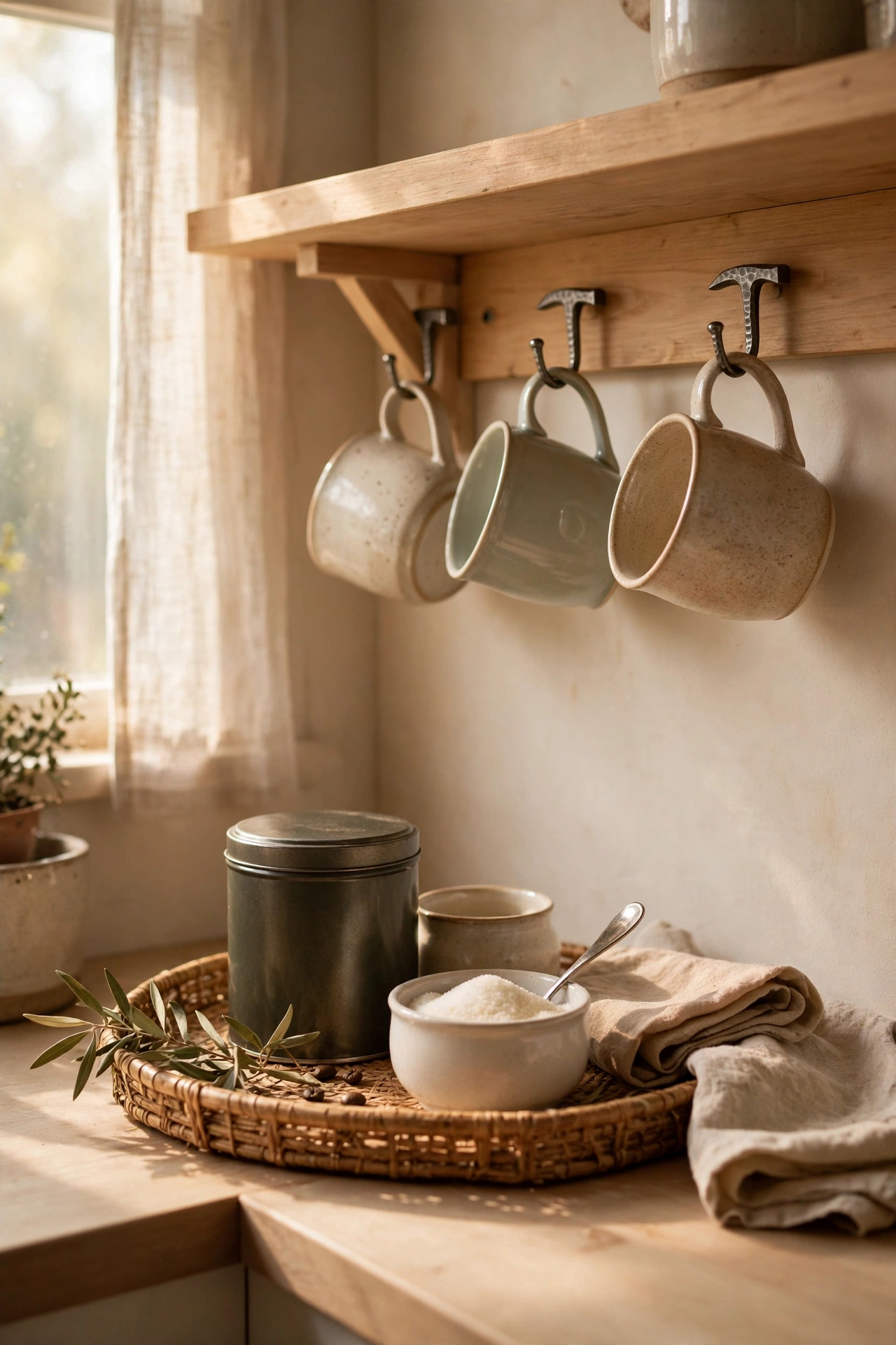 dollar store organization ideas: mug hooks under a kitchen shelf for a coffee station