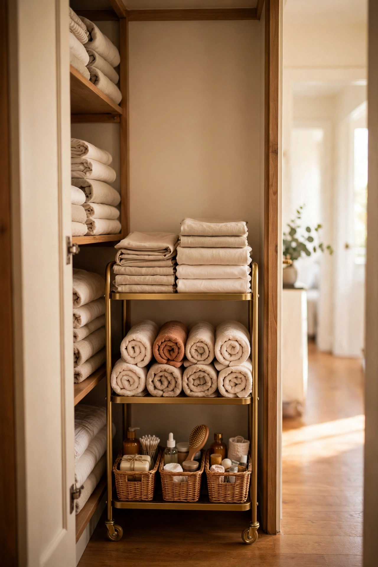 dollar store organization ideas: rolling cart organising a linen closet