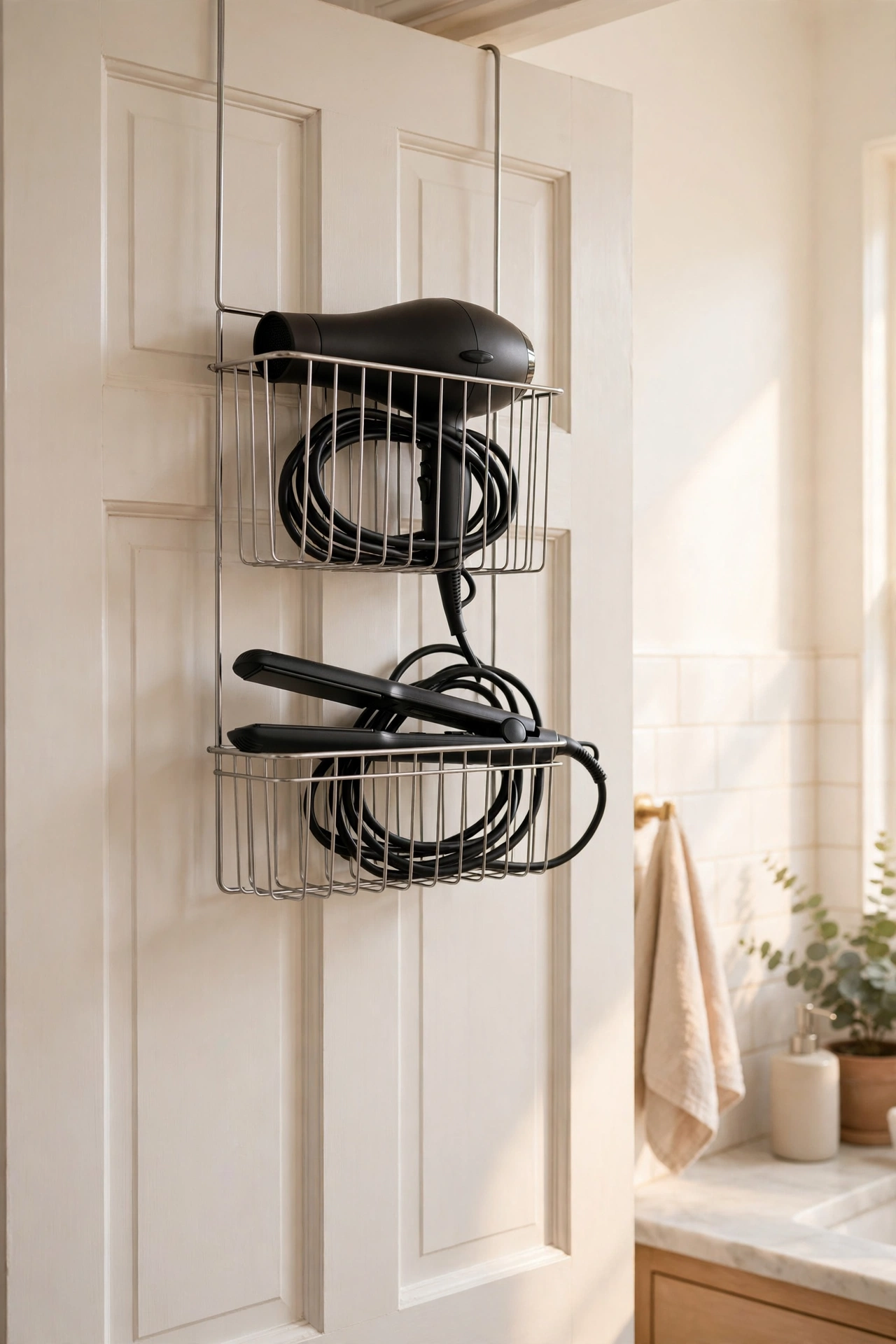 dollar store organization ideas: over-door caddy storing hair tools in a bathroom