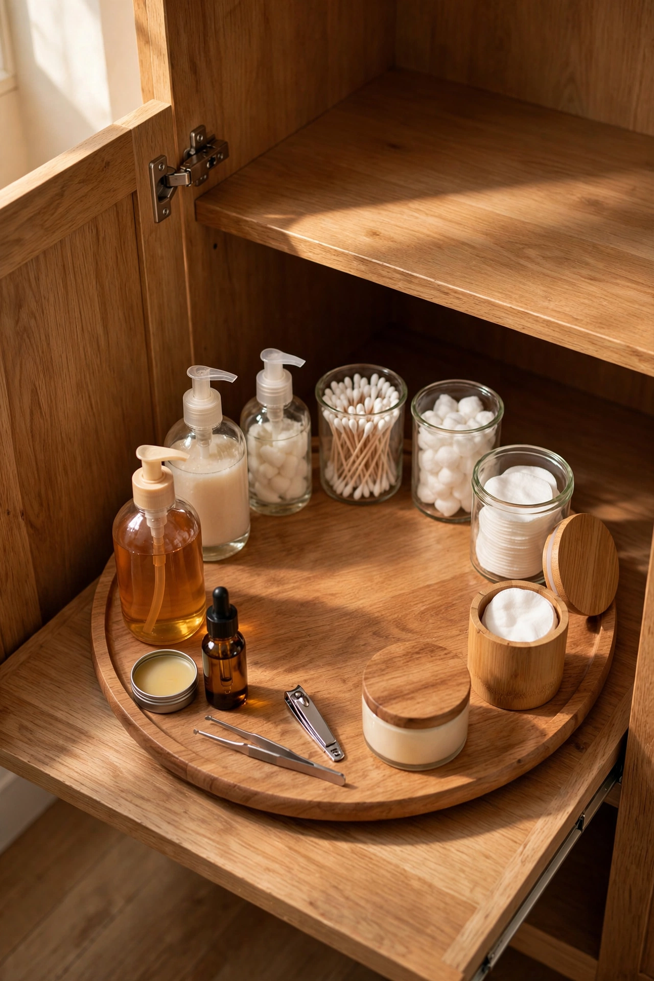 dollar store organization ideas: lazy susan turntable under a bathroom sink