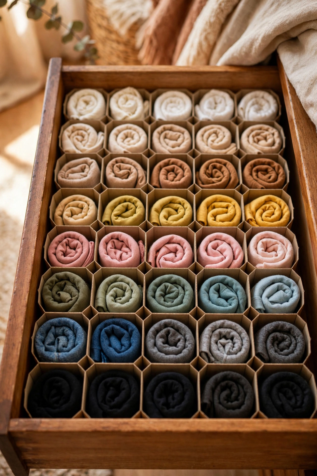 dollar store organization ideas: honeycomb dividers organising a sock drawer